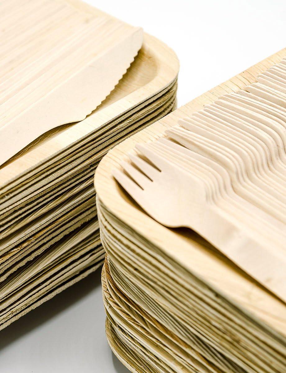 50 Disposable 8" Square Palm Leaf Plates, 50 Wood Forks, 50 Wood Knives - Party Pack of Eco-Friendly Dinnerware