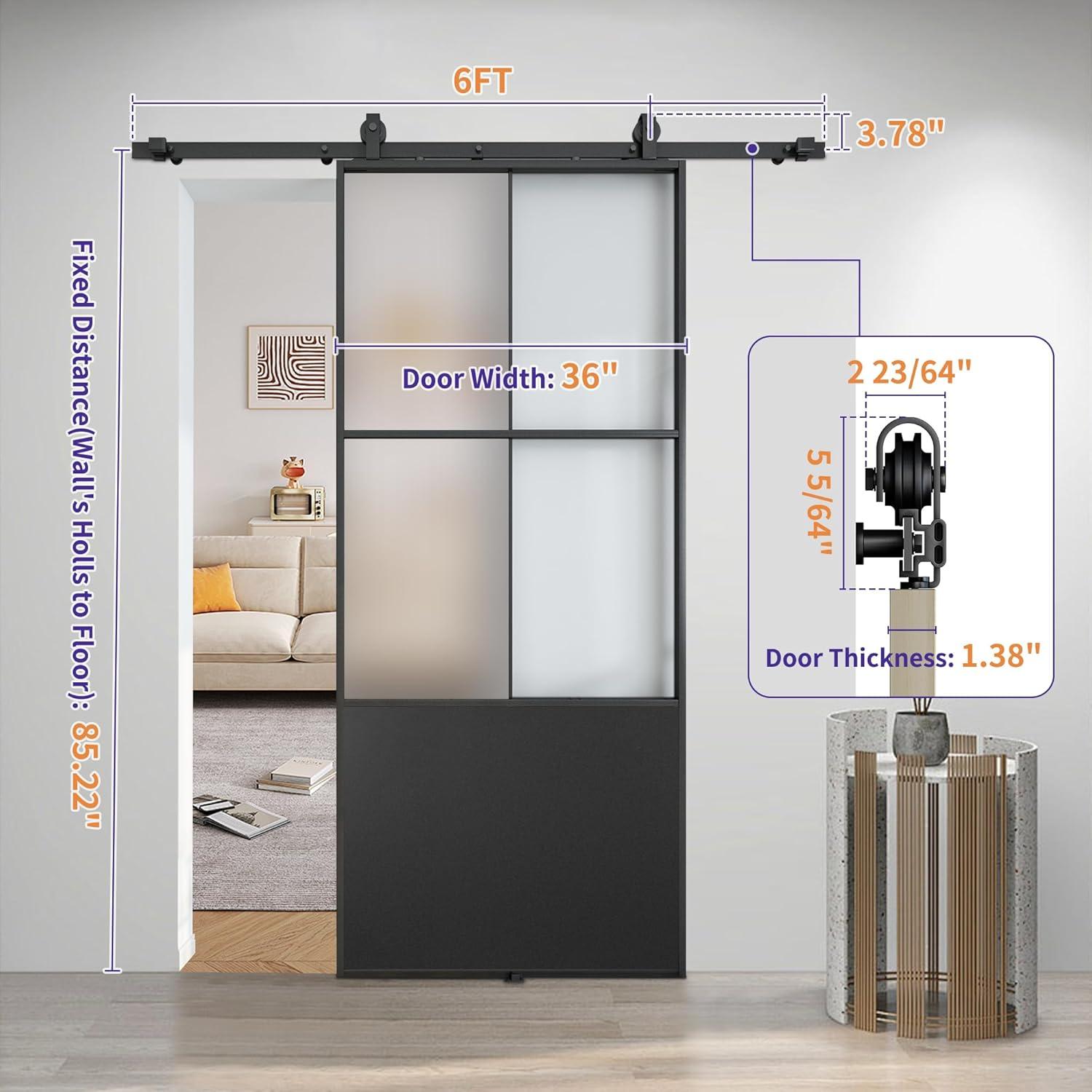 Metal and Glass Sliding Barn Door with Installation Hardware Kit ( Soft-close Included)