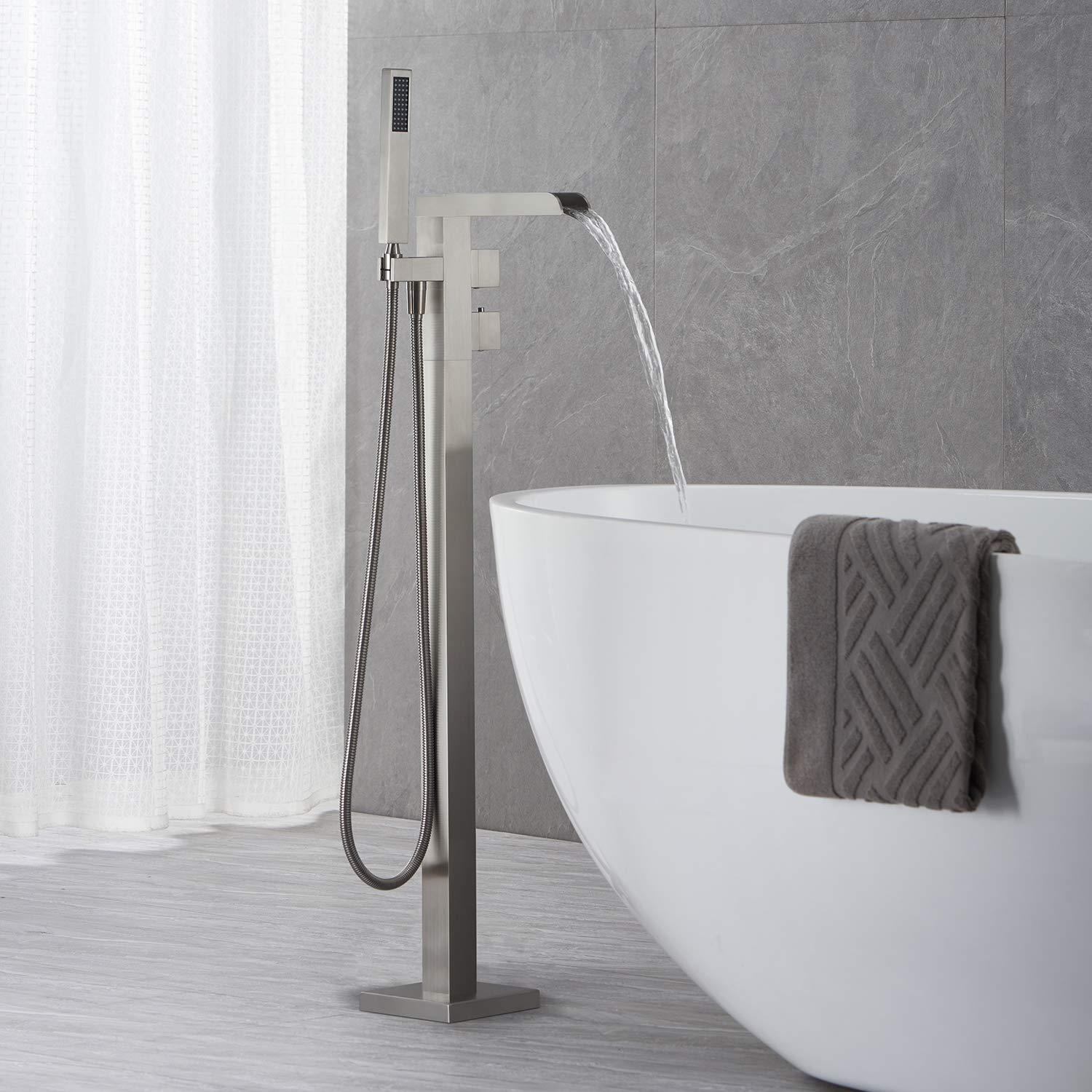 AlenArtWater Waterfall Tub Filler Freestanding Bathtub Faucet Floor Mount Brass Single Handle Bathroom Faucets with Hand Shower 93-LJQKCZ