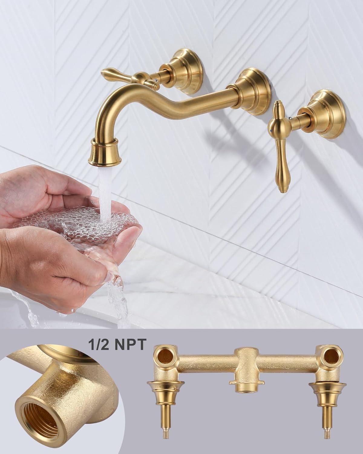 Gold Antique Brass Wall Mount Bathroom Faucet with Dual Handles