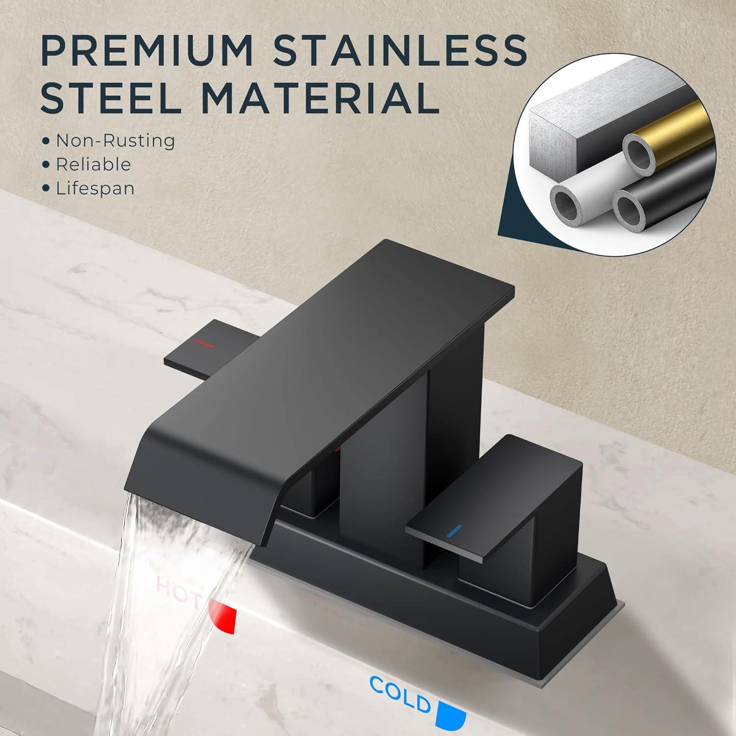 Matte Black Ceramic Disc Double Handle Bathroom Faucet with Pop-Up Drain Kit