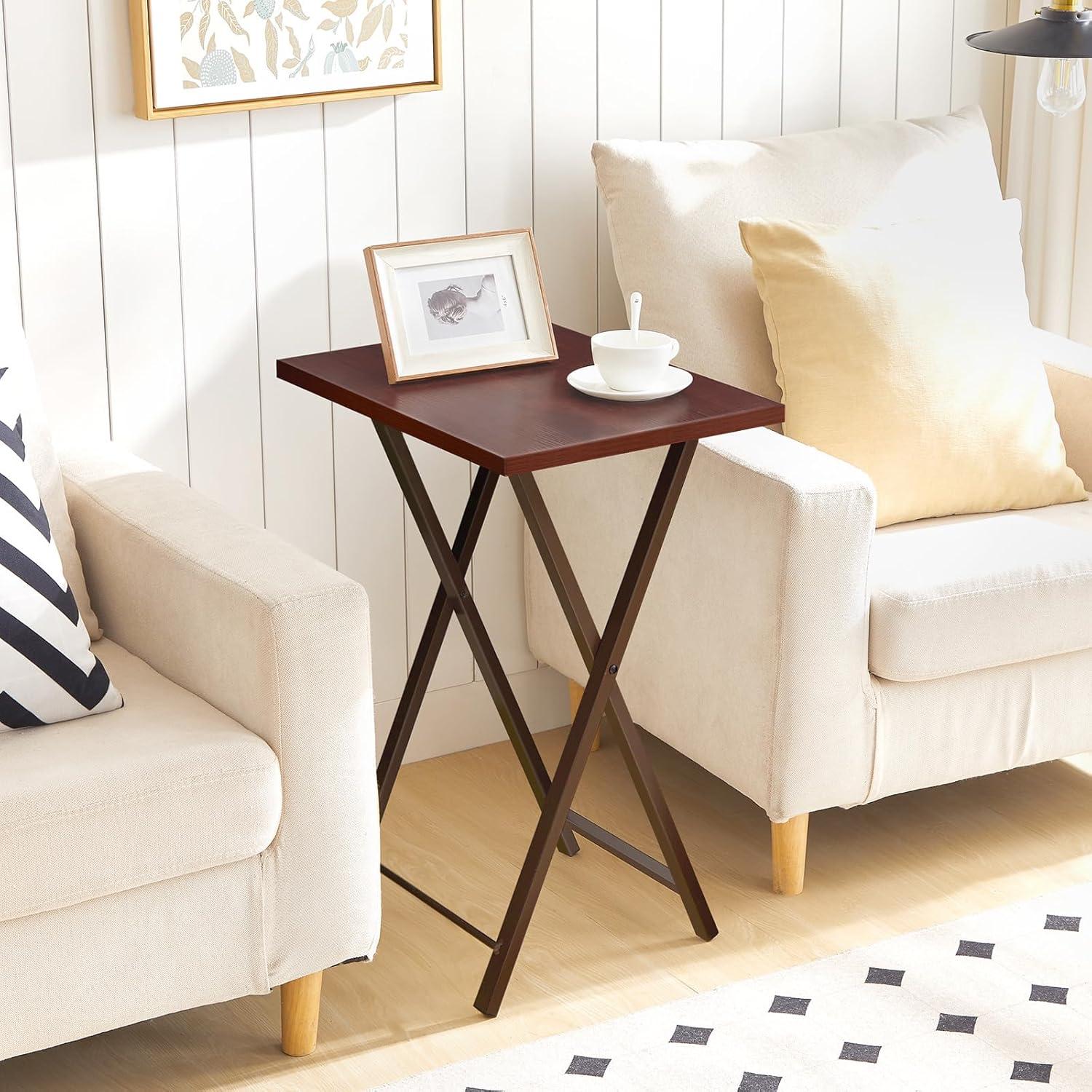 HOOBRO Folding TV Tray Tables, Set of 2 Side Table for Small Space, Industrial Snack Tables for Eating at Couch, Stable Metal Frame, Easy Assembly, Space Saving, Brown BR25BZ01