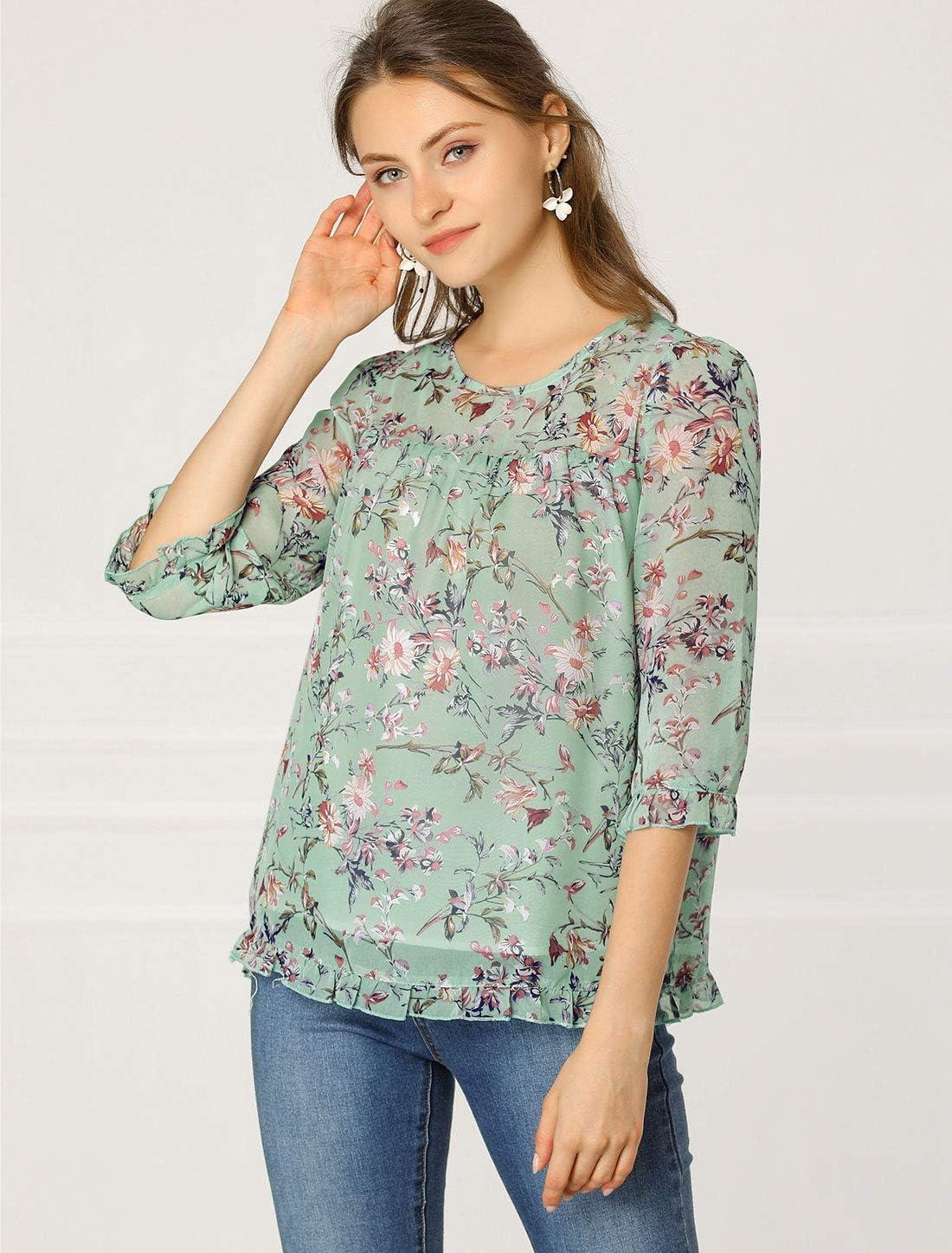INSPIRE CHIC Women's 3/4 Sleeves Floral Chiffon Ruffle Hem Summer Shirt Blouses Tops XS Green