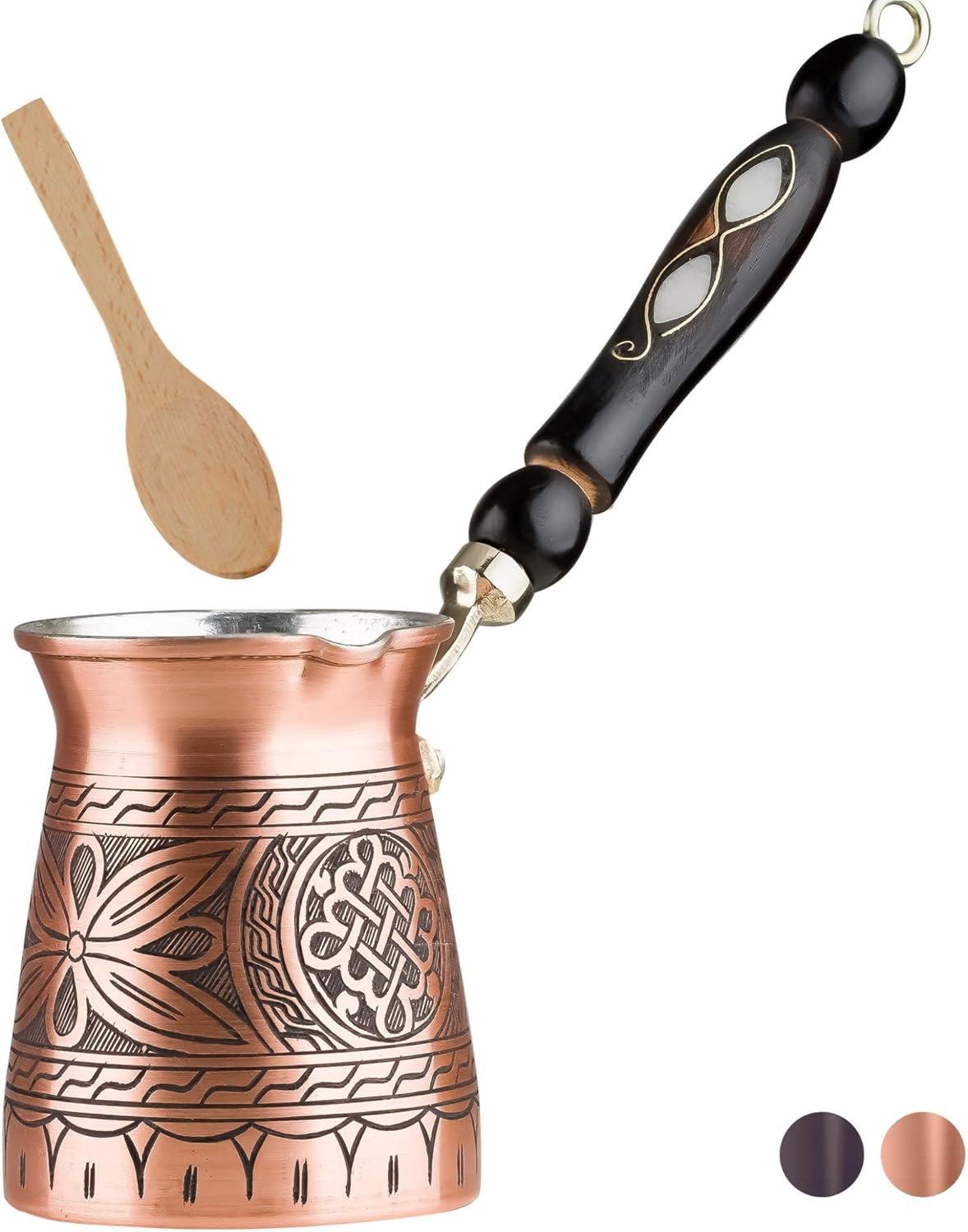 12 Oz Black Copper Turkish Coffee Pot with Wooden Handle and Spoon