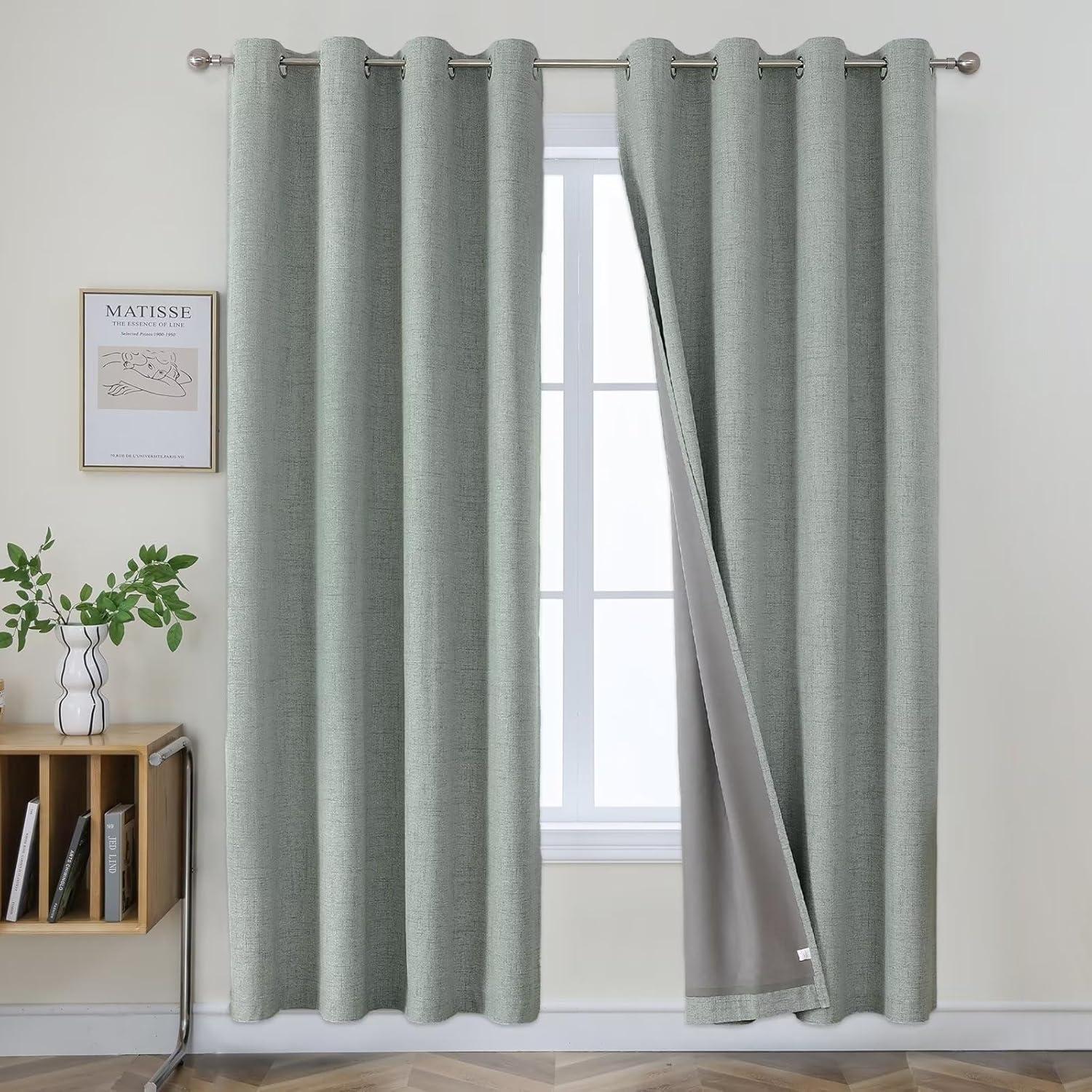 COSVIYA 100% Blackout Sage Green Linen Curtains & Drapes 84 Inch Length 2 Panels Set, Full Room Darkening Grommet Insulated Thermal Window Panels for Bedroom/Living Room,52x84 inches