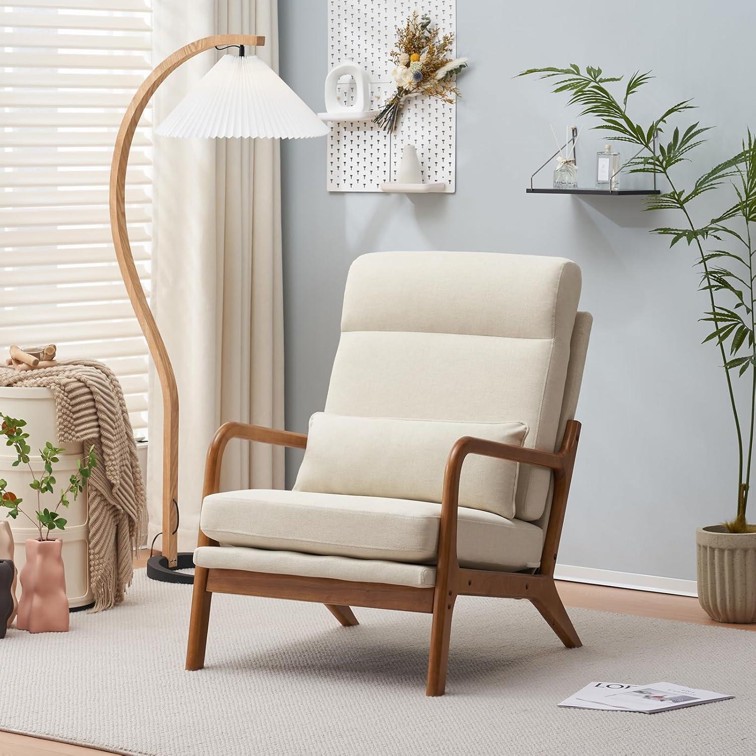 JULY'S SONG Mid-Century Wood Upholstered Fabric Solid Print Armchair, Beige (Set of 2)