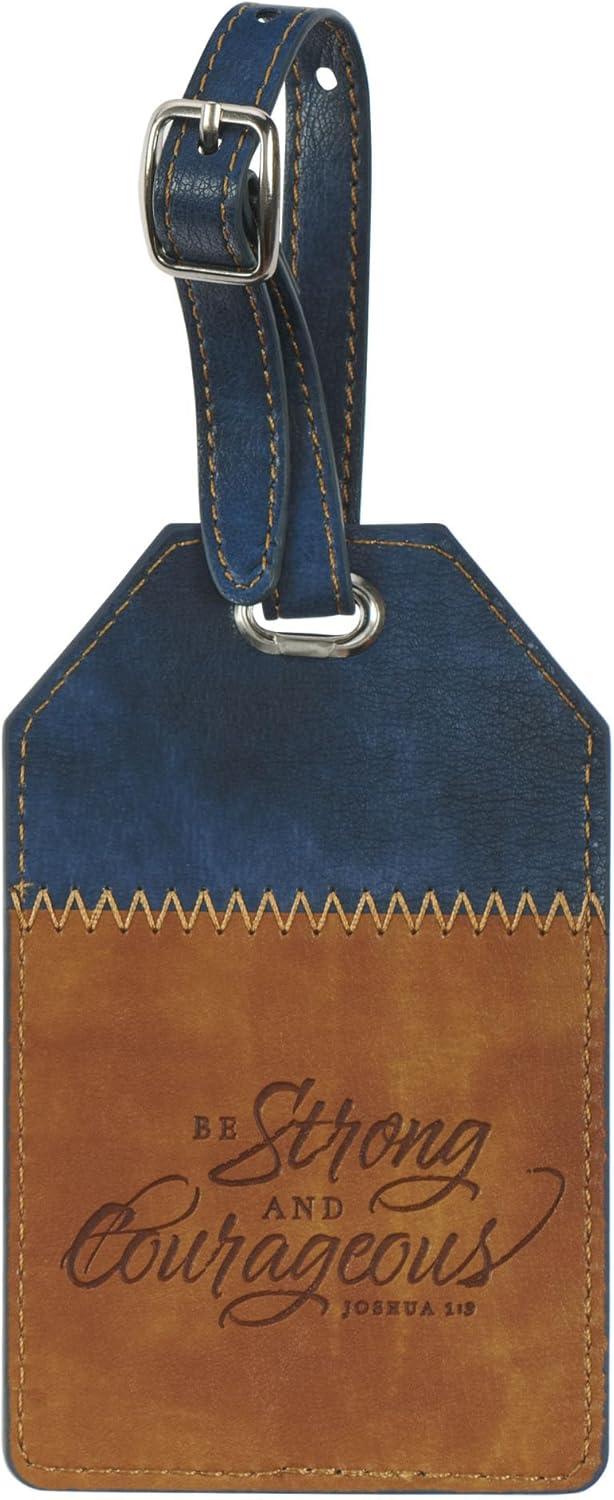 Christian Art Gifts Inspirational Vegan Leather Scripture Luggage Tag for Men & Women: Strong & Courageous - Baggage Accessory for Carry-On, Checked Bags, Backpacks, 4.8 X 3.1, Black/Brown (Other)