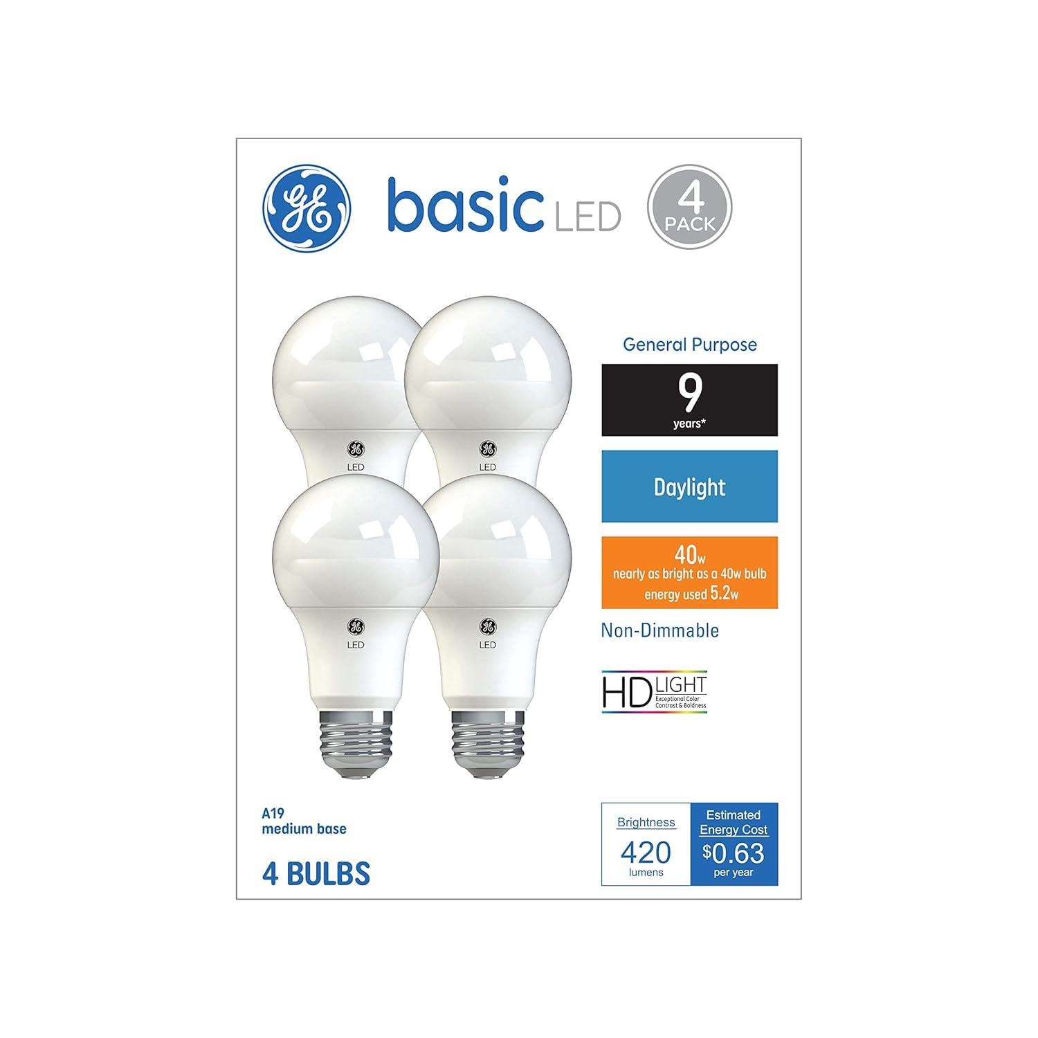 GE 4pk 40W Basic A19 LED Light Bulbs Daylight: 5000K, 420 Lumens, E26 Base, 9.1-Year Life, Damp Location Suitable