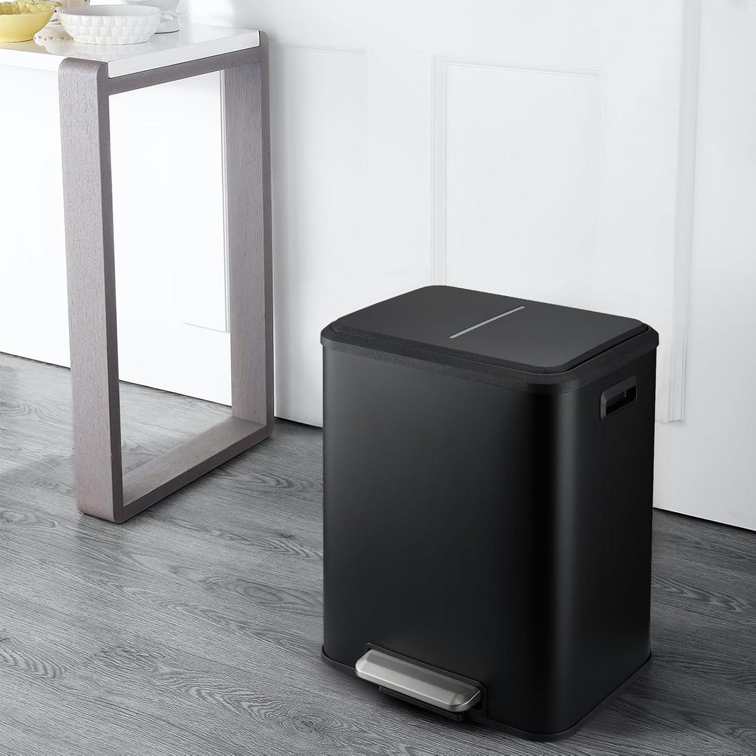 8 Gallon Kitchen Trash Can, Recycle Trash Can with Dual Removable Liners, Stainless Steel Dual Trash and Recycling Bin (4 + 4 for 8 Gallon Total), Rectangle, Black