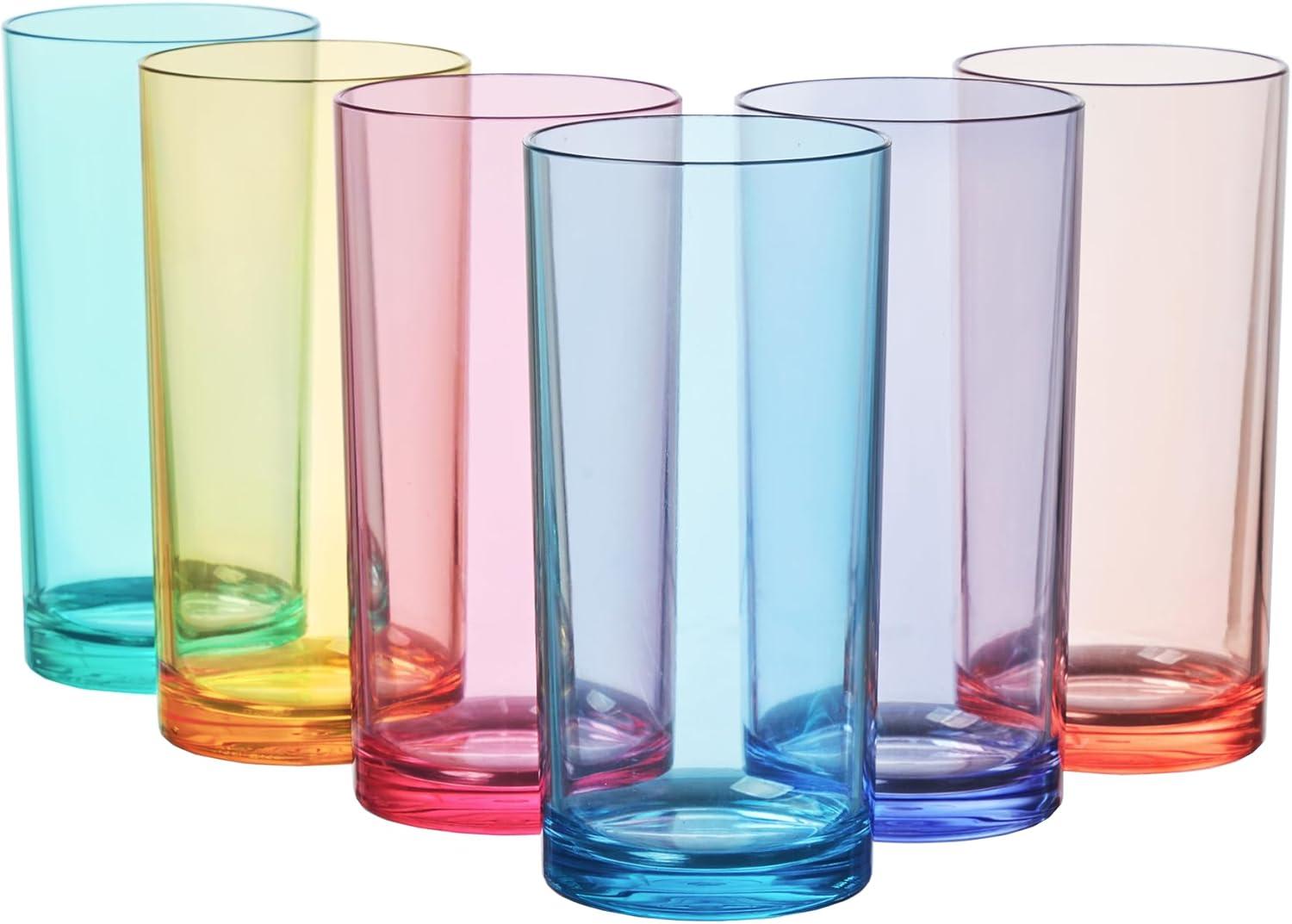 US Acrylic Classic Plastic Reusable Drinking Glasses (Set of 6) 16oz Water Cups Assorted Colors | BPA-Free Tumblers, Made in USA | Top-Rack Dishwasher Safe