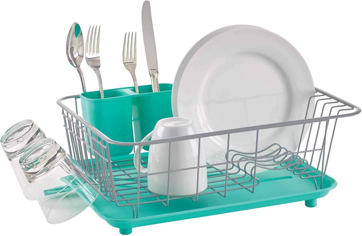 Aqua and Gray Compact Dish Rack with Utensil Holder