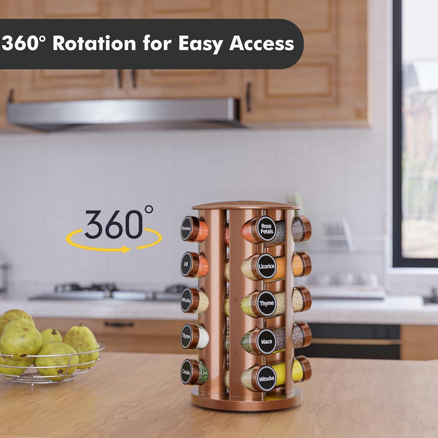 New England Stories Revolving Spice Rack Set with 20 Spice Jars - Kitchen Spice Tower Organizer for Countertop or Cabinet, Includes 386 Spice Labels, Rotating Desktop Seasoning Organizer