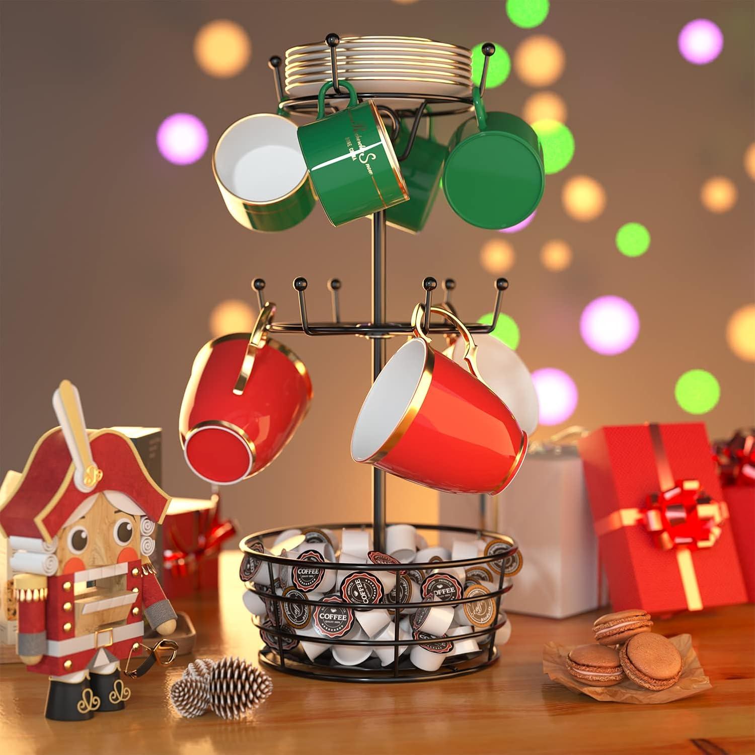 360° Rotating Coffee Mug Holder - Metal 3 Tier Mug Tree Rack Cup Holder for Countertop with 10 Hooks, Coffee Pods Holder for Bar Organizer Kitchen Counter - Black