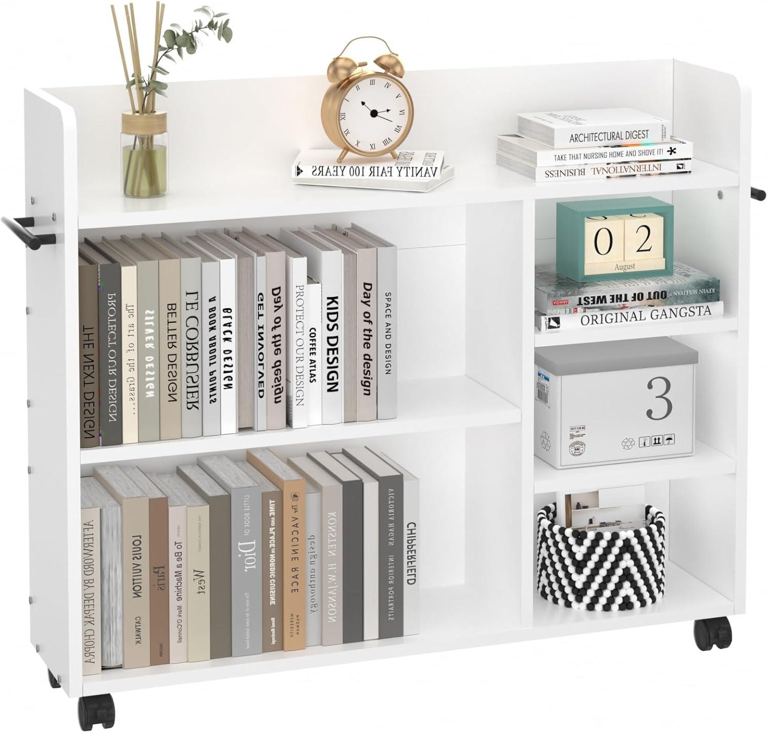 White MDF Rolling Library Book Cart with Adjustable Shelves