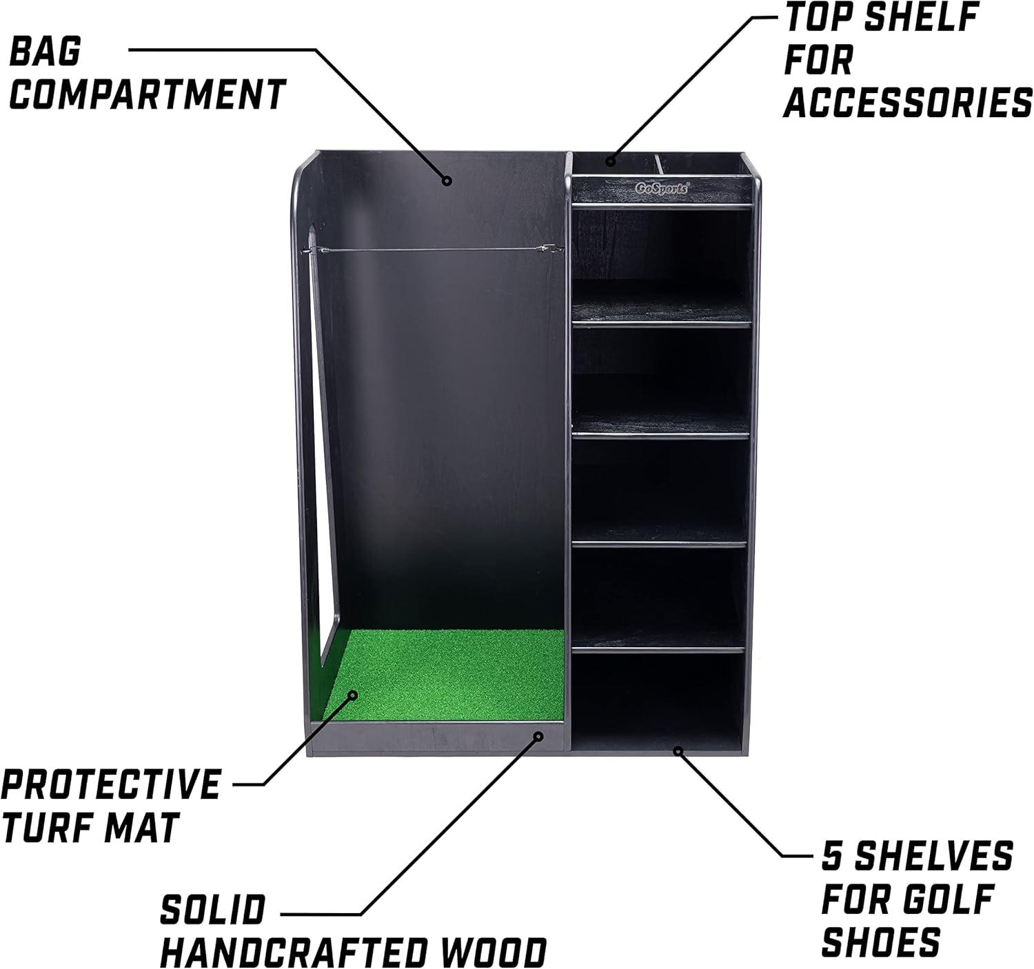 GoSports Premium Wooden Freestanding Golf Bag Organizer and Storage Rack