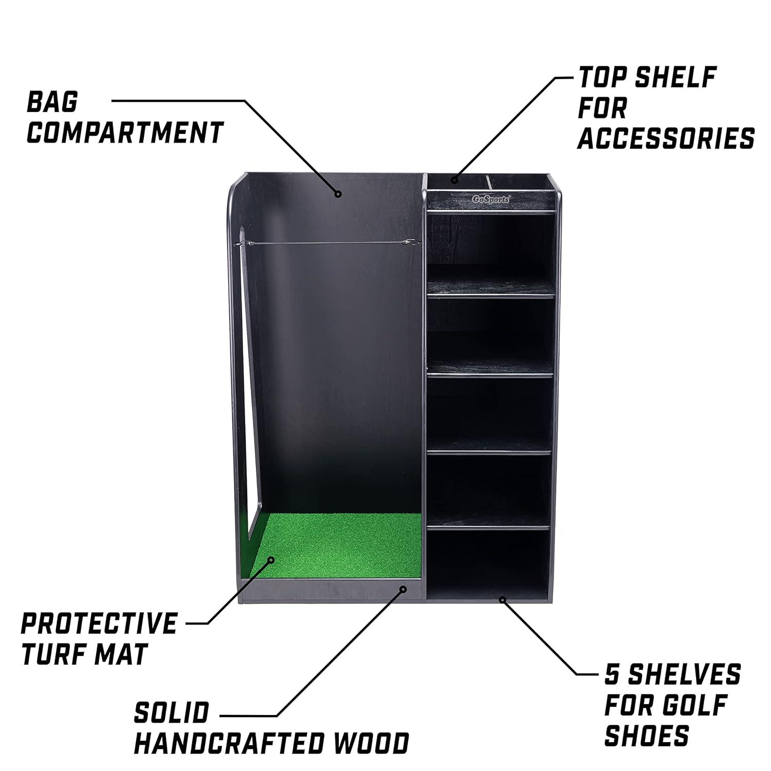 GoSports Premium Wooden Freestanding Golf Bag Organizer and Storage Rack