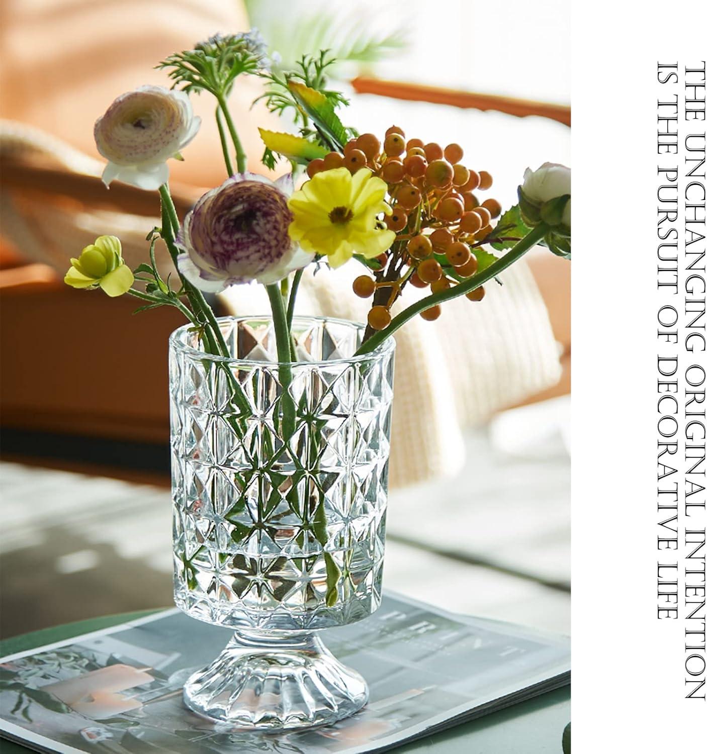 7 Inch Modern Glass Vase with Embossed Ribbed Base - Clear Hydroponic Design for Home Decor, Weddings Party Living Room, Dining Table Floral Arrangement Centerpiece