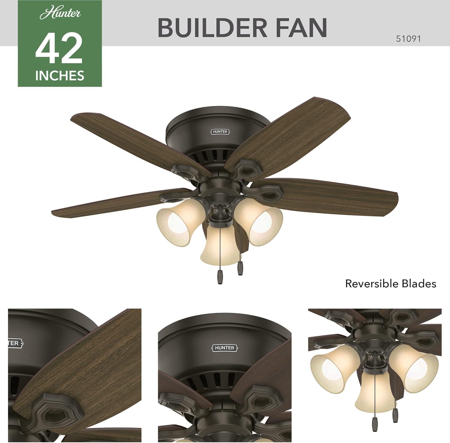 42" Builder Low Profile 5 - Blade Flush Mount Ceiling Fan with Pull Chain and Light Kit Included