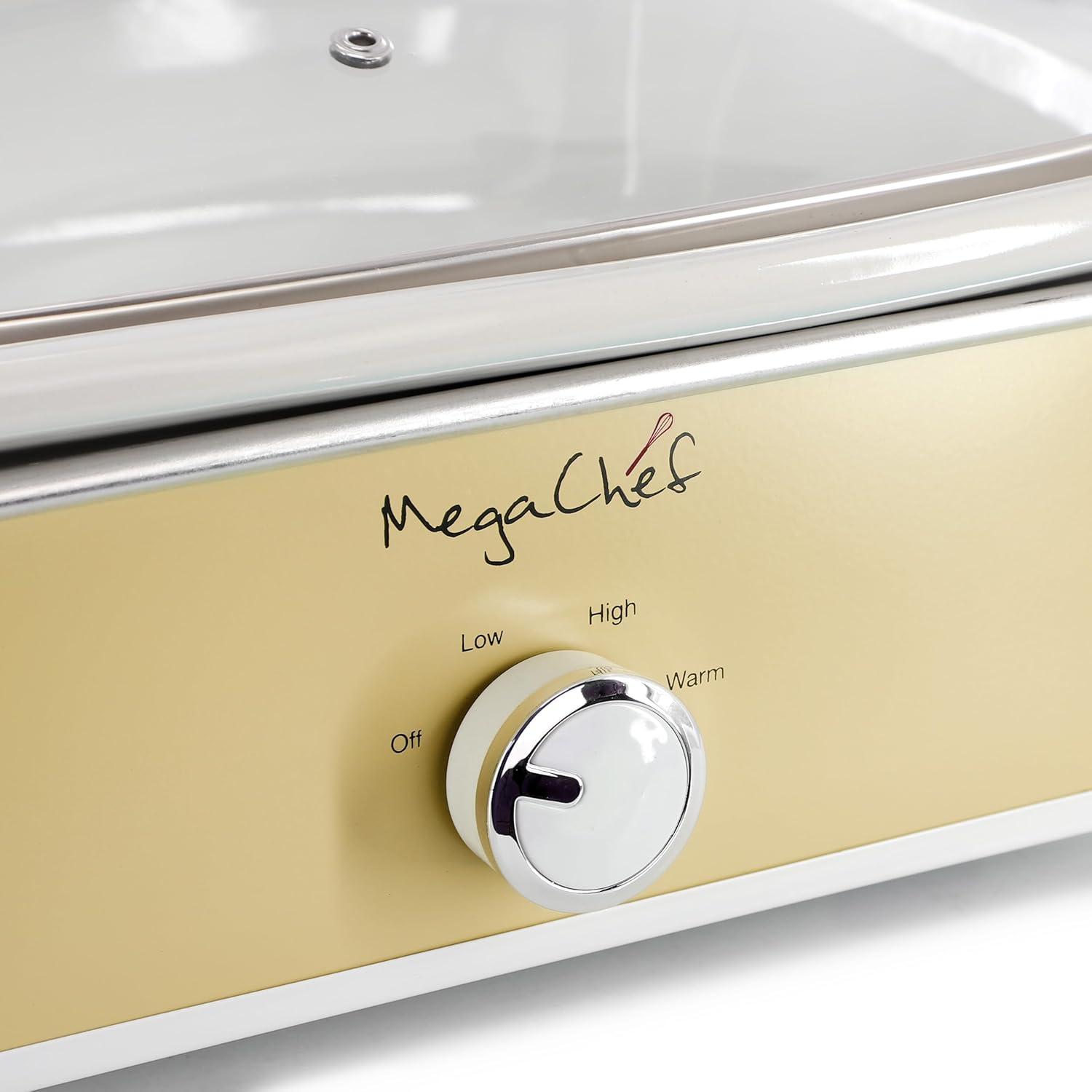 MegaChef 3.5qt Casserole Slow Cooker with 3 Temperature Settings Cream: Stainless Steel, Stoneware, Glass, Dishwasher-Safe Parts