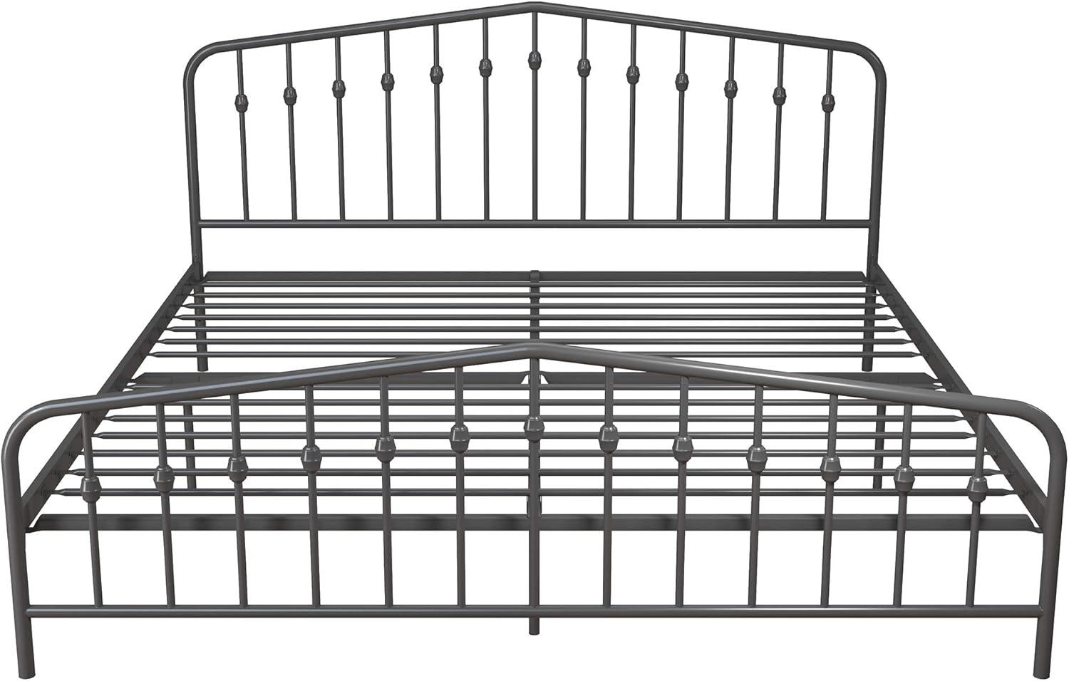 King-Size Gunmetal Gray Metal Bed with Upholstered Headboard and Storage Drawer