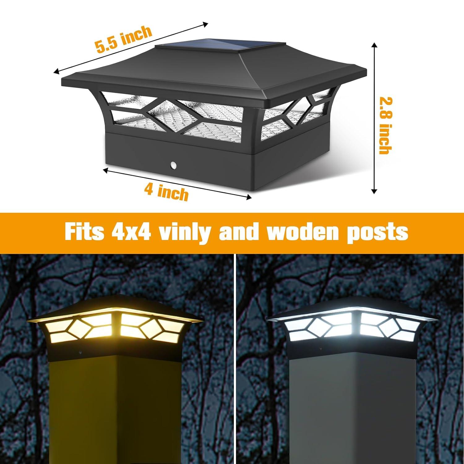 Solar Post Cap Lights: 6 - Pack Outdoor Post Light for White/Black 4x4 Vinyl Fence Deck - Dock 4x4/6x6 Wooden Post 2 Color Modes Waterproof Warm White