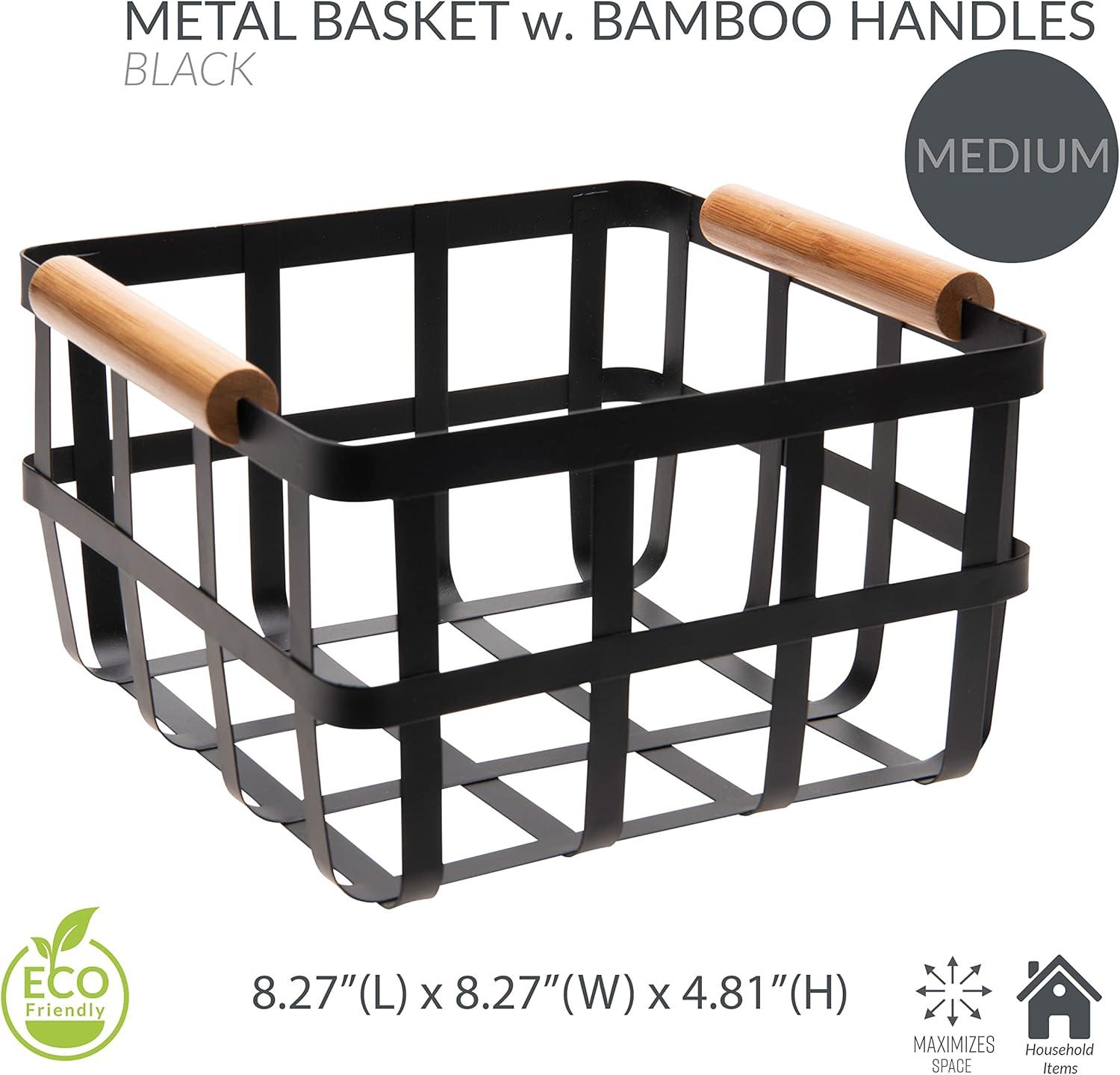 Black Square Metal Basket with Bamboo Handles