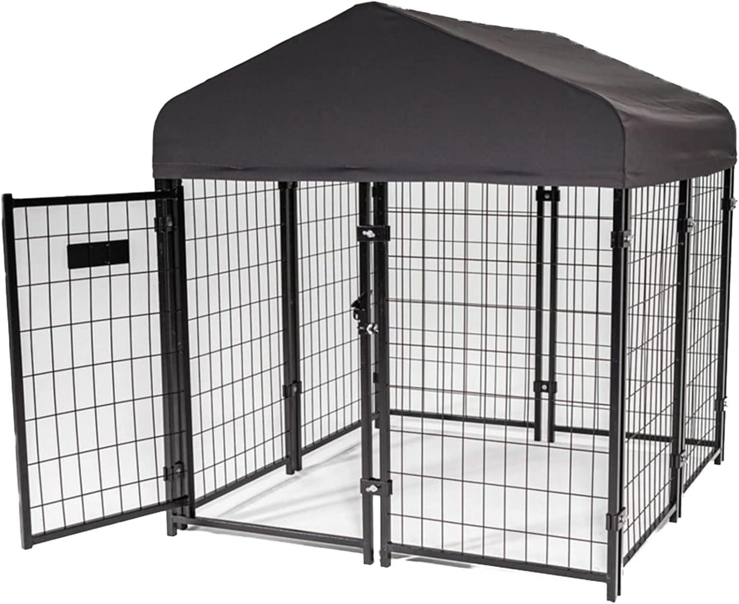 Lucky Dog STAY Series Black Powder Coat Steel Frame Villa Dog Kennel with Waterproof Canopy Roof and Single Gate Door