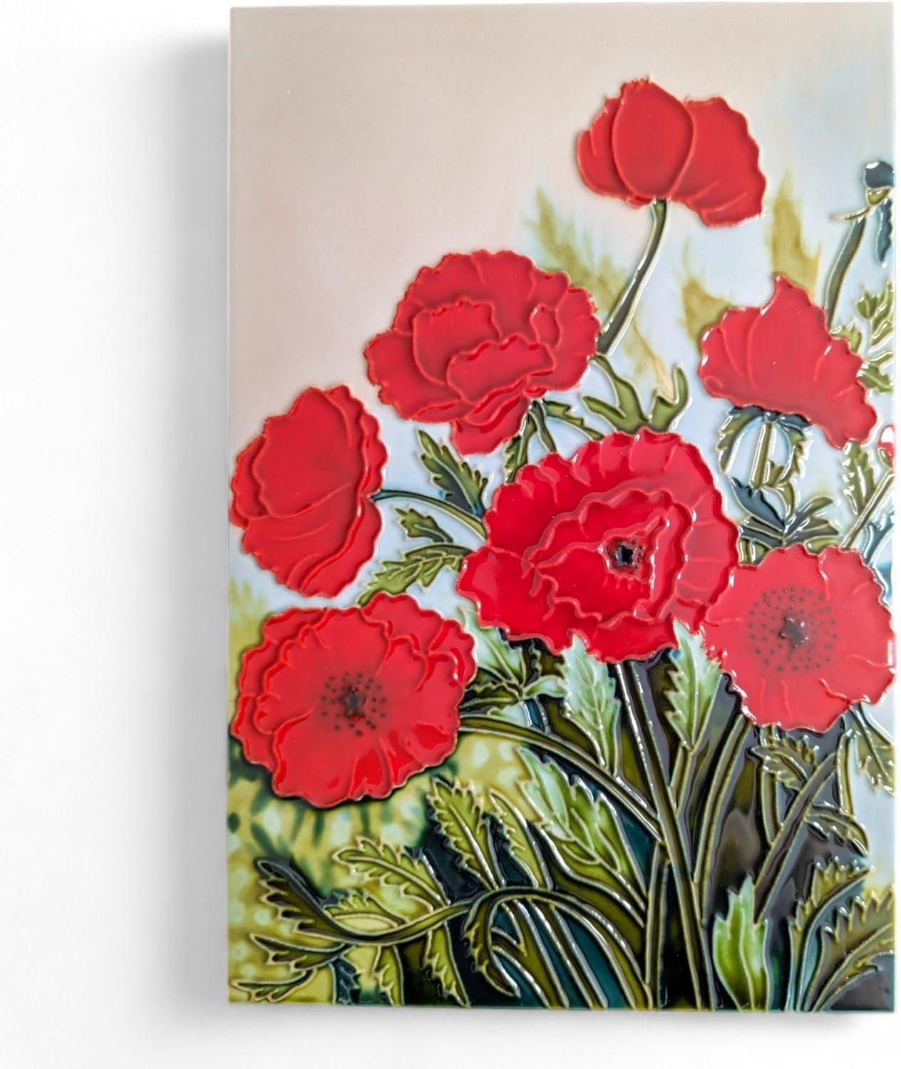 Benaya - Handcrafted Ceramic Art – Classic Poppies – 8" x 12" Tile - Home Decor