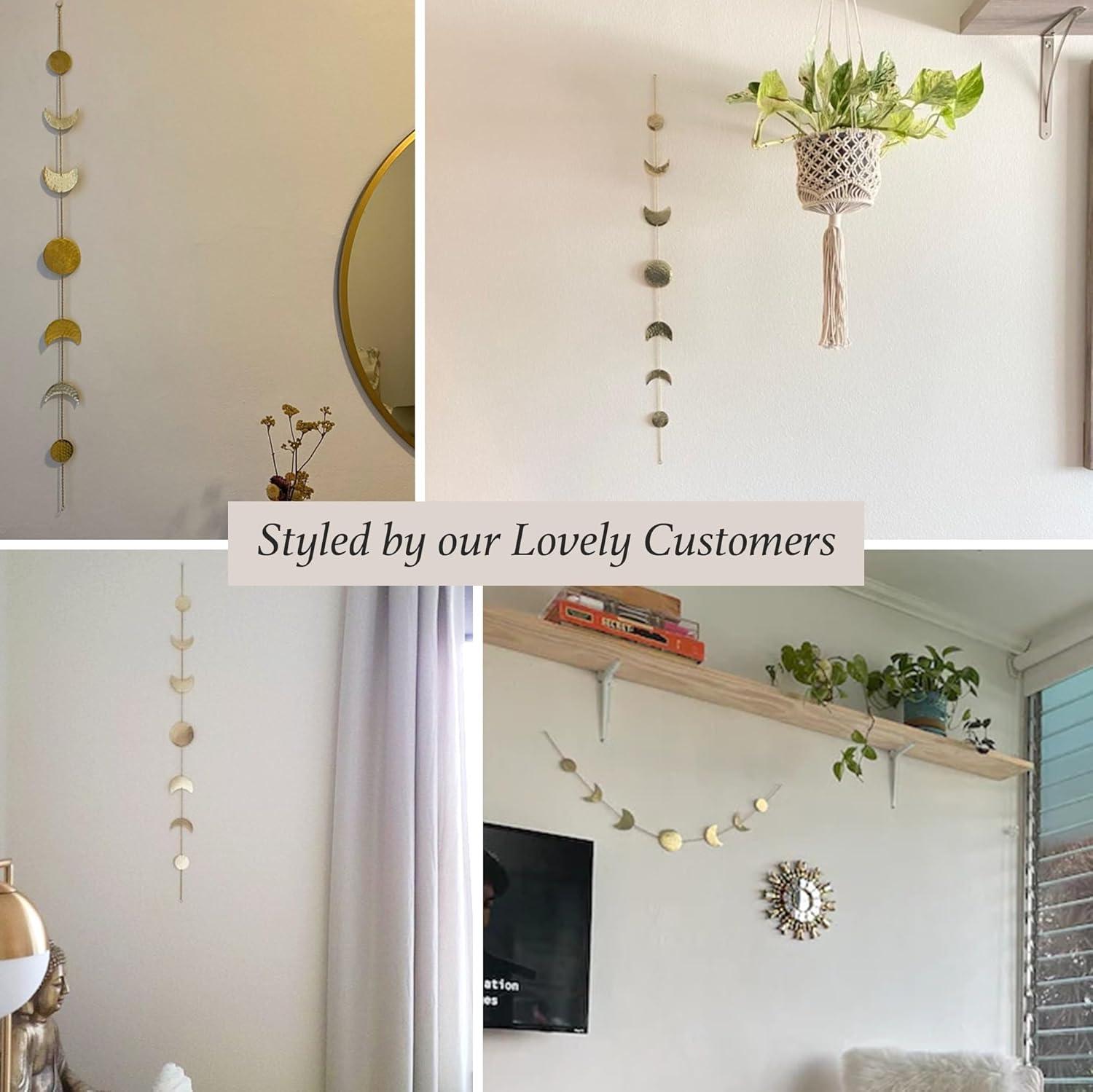 Elegant Bohemian Aesthetic, Moon Phase Wall Decor With Glowing Phases, Handmade Hammered Gold Metal Vertical Wall Art For Shelves, Bedside Tables, Mirrors