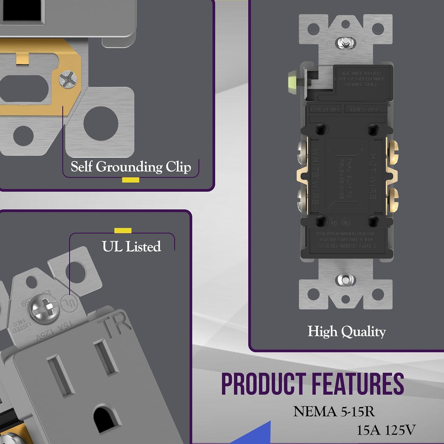 Gray Tamper-Resistant Decorator Receptacle Outlet with Wall Plate