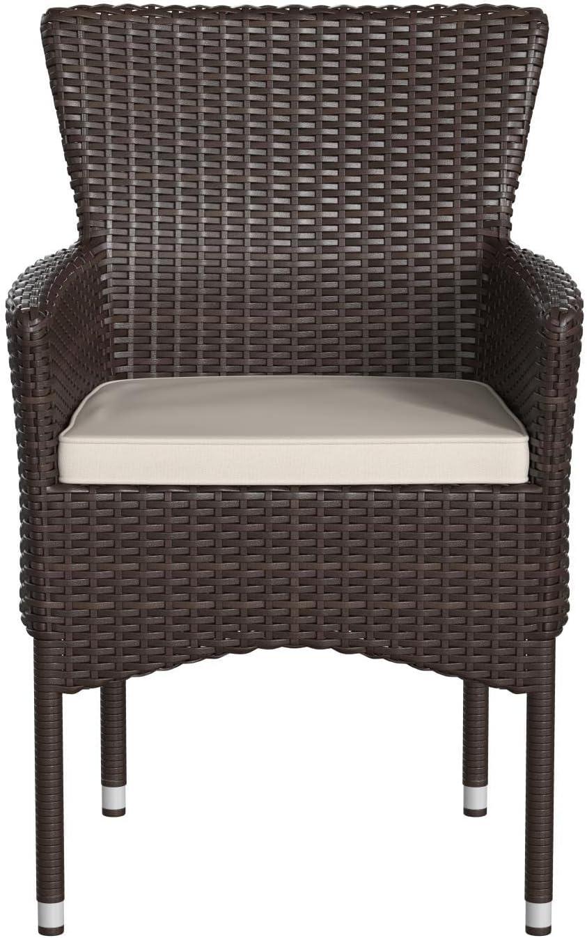 Espresso Brown Wicker Patio Dining Chairs with Cream Cushions, Set of 2