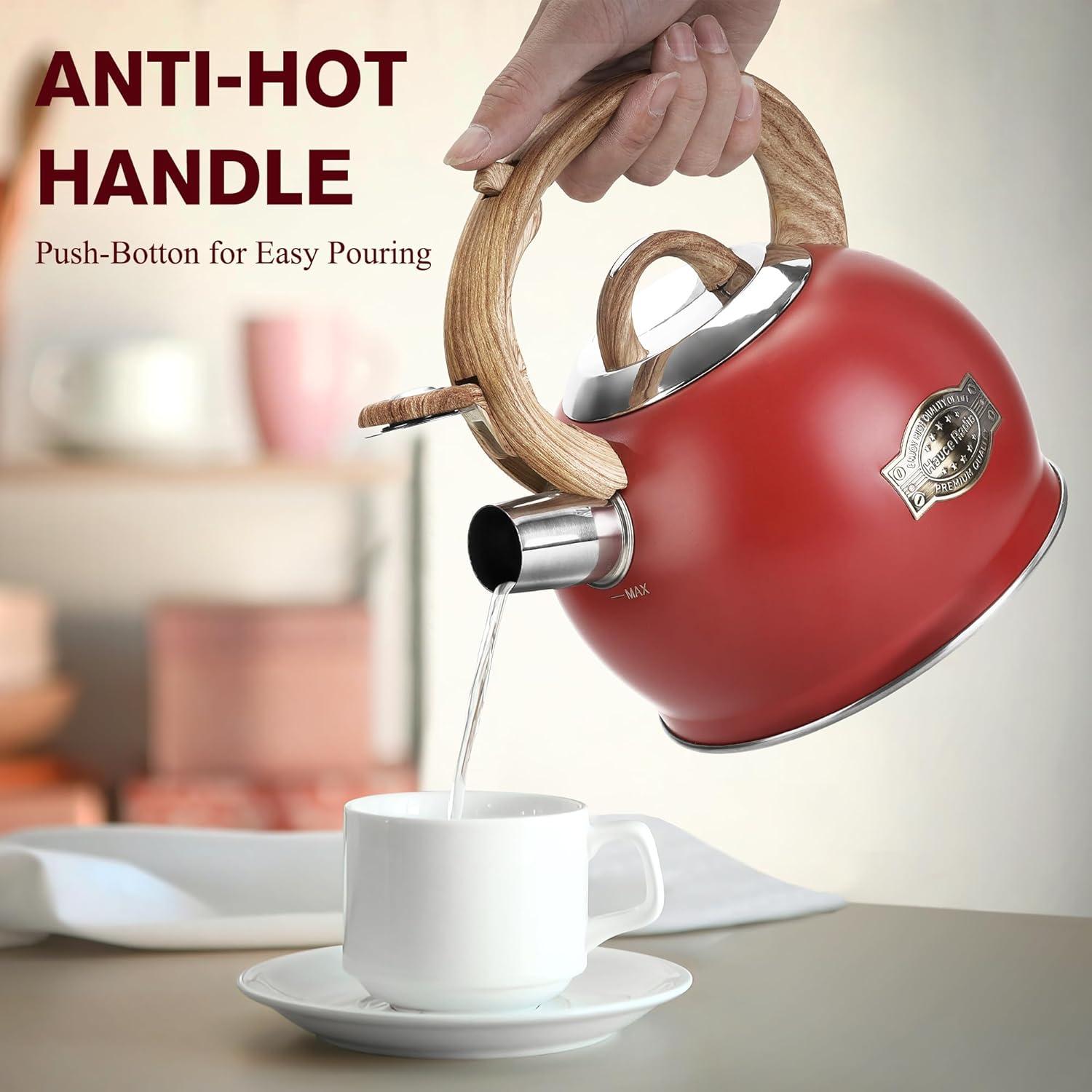 SUSTEAS Retro Tea Kettle for Stove Top, 2.64QT Whistling Teapot with Ergonomic Handle, Red