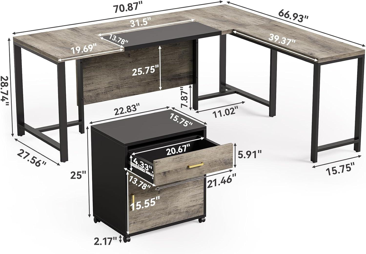 Tribesigns 70.8" Executive Desk with 55" File Cabinet, Industrial L Shaped Computer Desk, Large Executive Desk for Home Office, Walnut & White