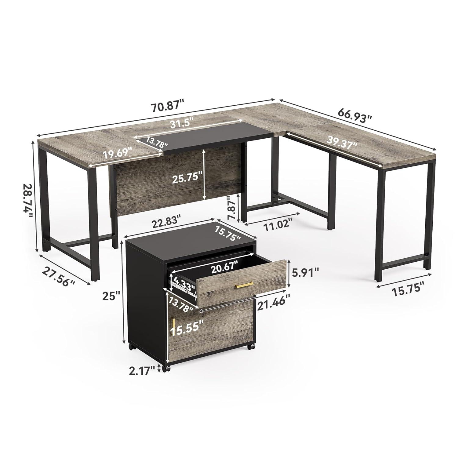 Tribesigns 70.8" Executive Desk with 55" File Cabinet, Industrial L Shaped Computer Desk, Large Executive Desk for Home Office, Walnut & White