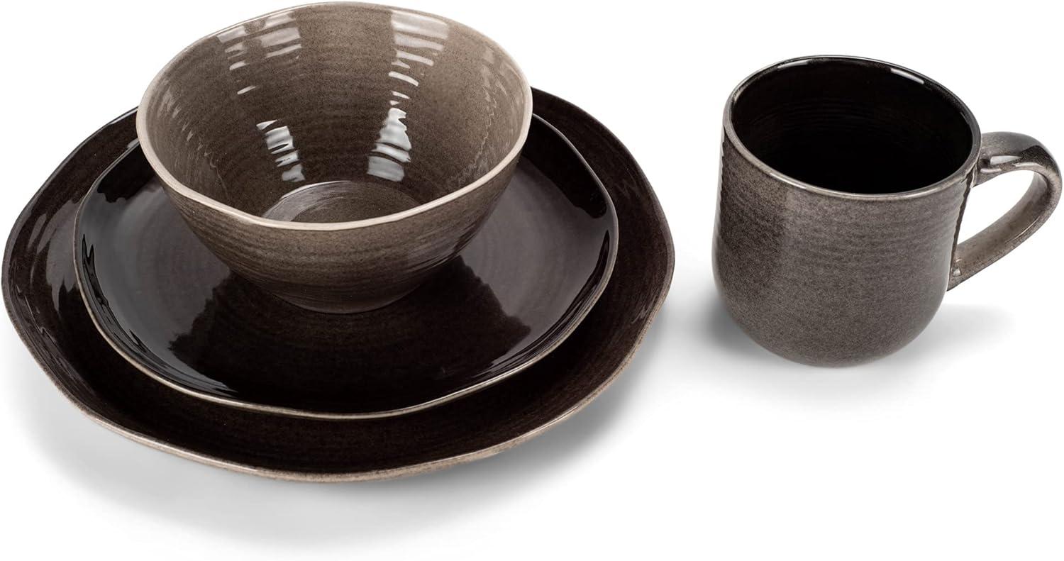 Elanze Designs 16-Piece Reactive Glaze Ceramic Stoneware Dinnerware - Service for 4, Mocha Grey Ombre