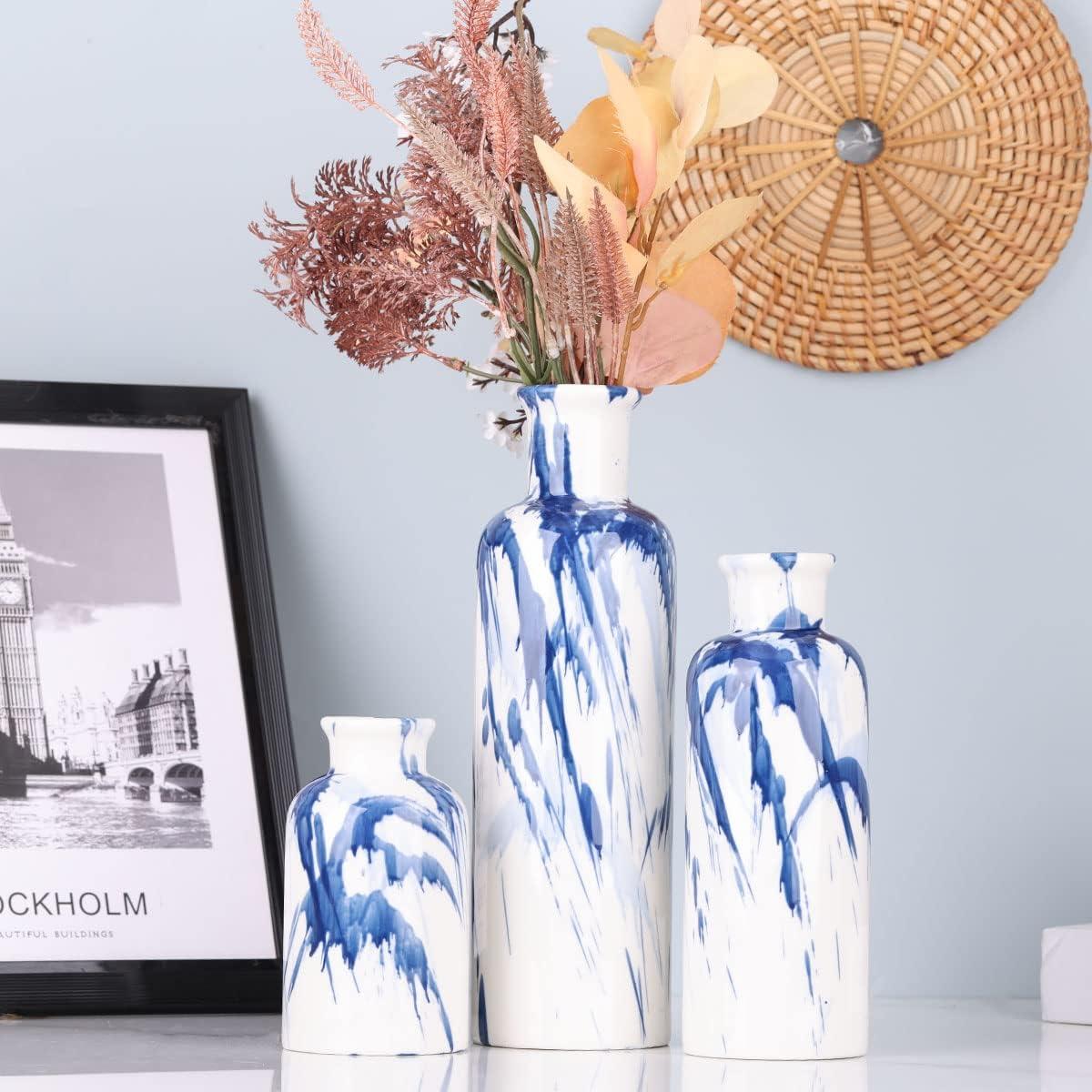 Orren Ellis Blue Ceramic Vase Set Of 3 - Decorative Navy Blue And White Vase For Centerpieces, Farmhouse And Home Decor - Ideal For Living Room, Kitchen, Bedroom, Dining Table And Office Decor