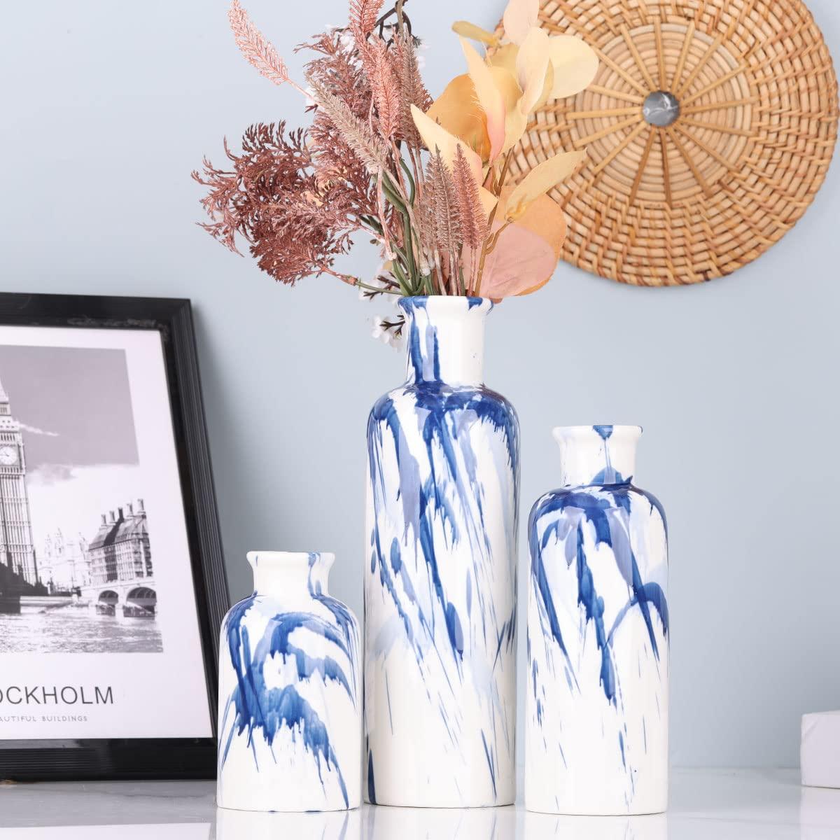 Orren Ellis Blue Ceramic Vase Set Of 3 - Decorative Navy Blue And White Vase For Centerpieces, Farmhouse And Home Decor - Ideal For Living Room, Kitchen, Bedroom, Dining Table And Office Decor