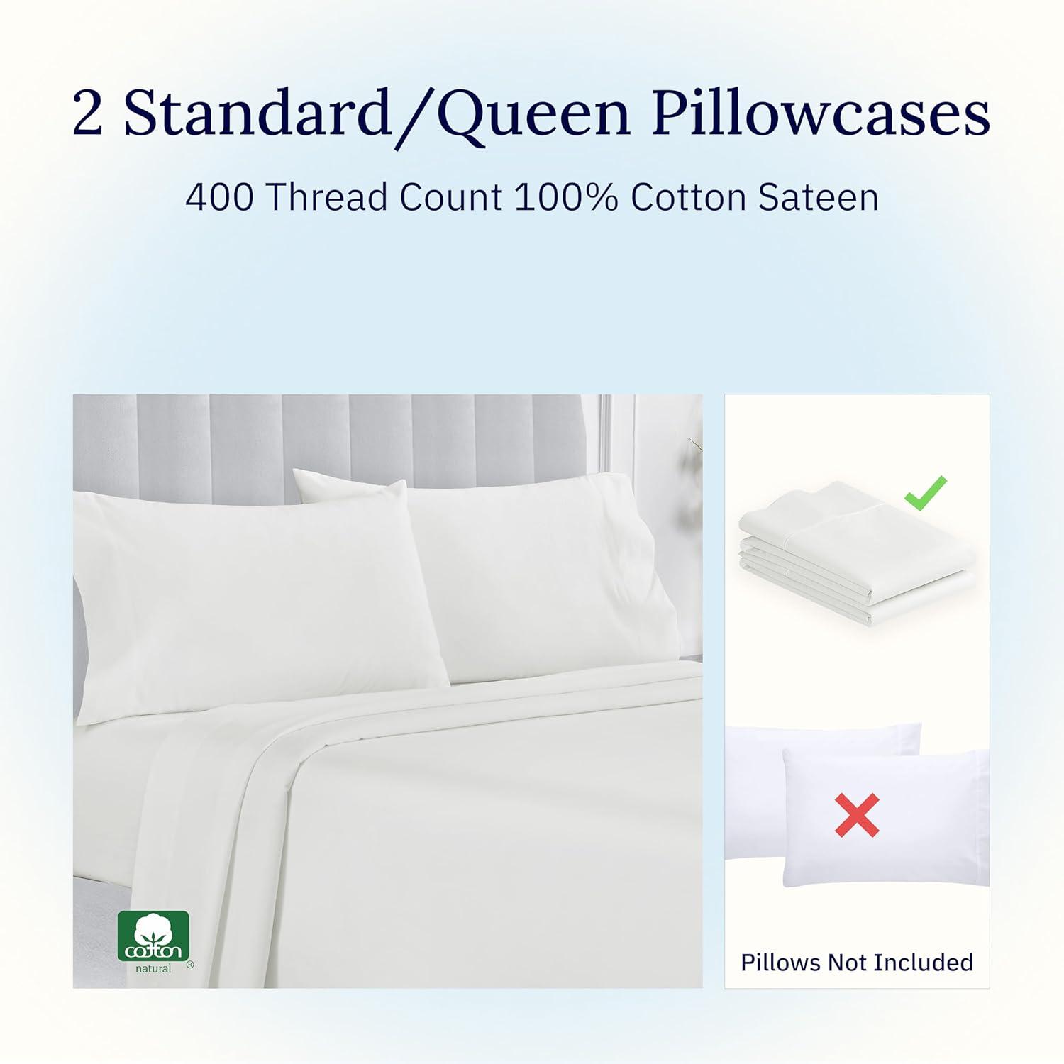 400 Thread Count Pillowcases, 100% Cotton Sateen, Soft & Cooling by California Design Den - Ivory, Standard/Queen Pillowcases