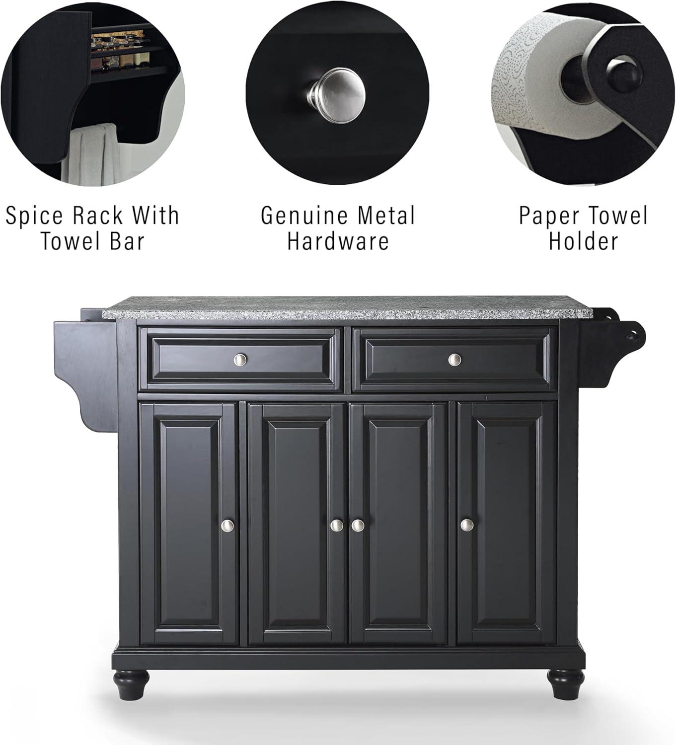 Crosley Cambridge Granite Top Full Size Kitchen Island/Cart Black/Gray: With Adjustable Shelves, Towel Bar, Wood Frame