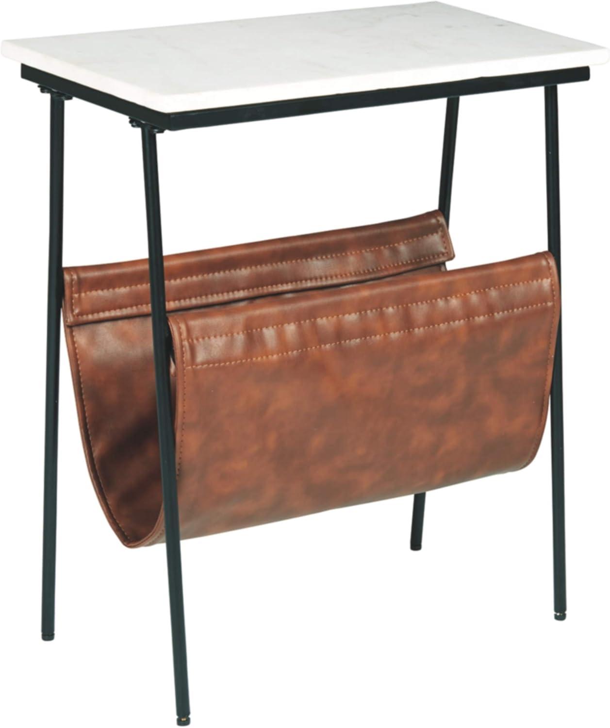 Etanbury Side Table Brown/Black/White - Signature Design by Ashley: Marble Top, Faux Leather Magazine Holder