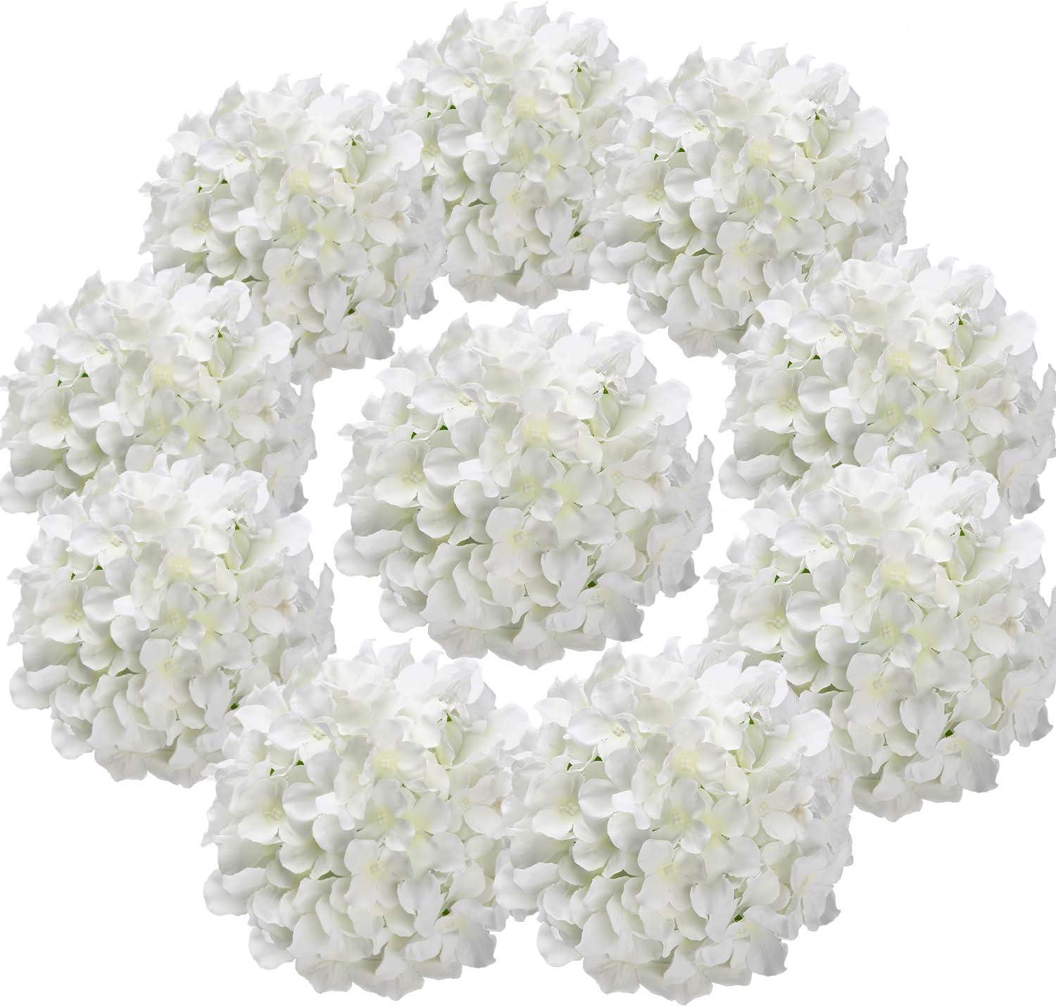 Flojery Silk Hydrangea Heads Artificial Flowers Heads with Stems for Home Wedding Decor,Pack of 10 (White)