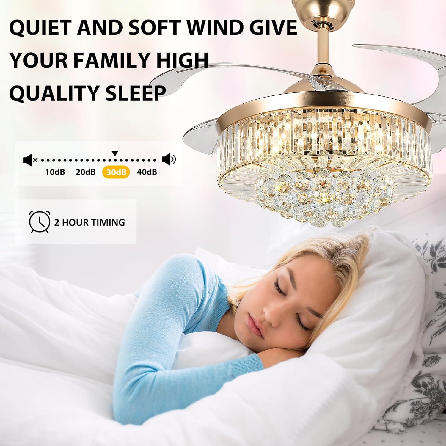 Panghuhu88 42" Invisible Ceiling Fan Chandelier Light,Modern Crystal Ceiling Fan Light Remote Control 4 Retractable ABS Blades for Bedroom Living Room Dining Room Decoration