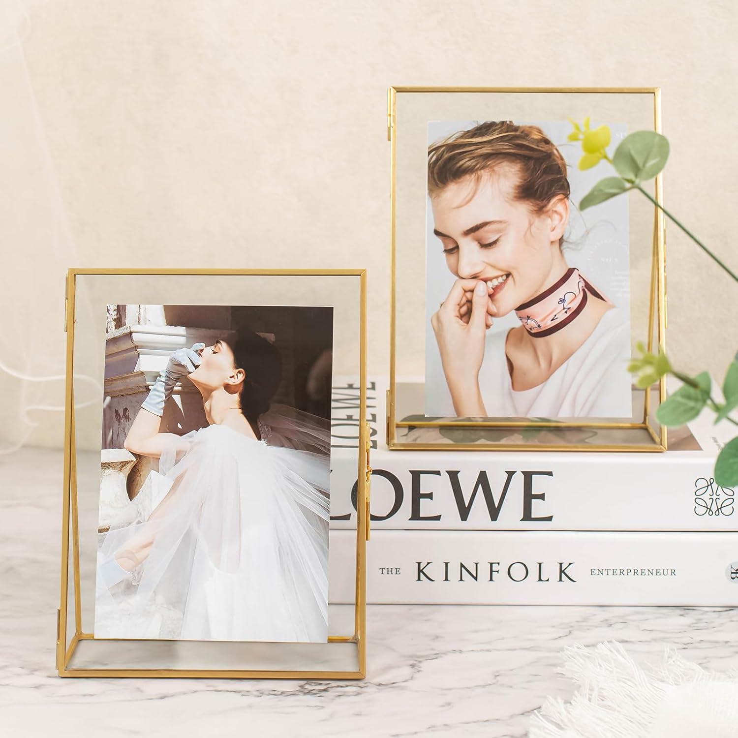 Gold Floating Picture Frame Set of 2, Glass Picture Pressed Flower Frames, Gold Floating Frame for 5x7 Photo Vertical Standing Tabletop Display