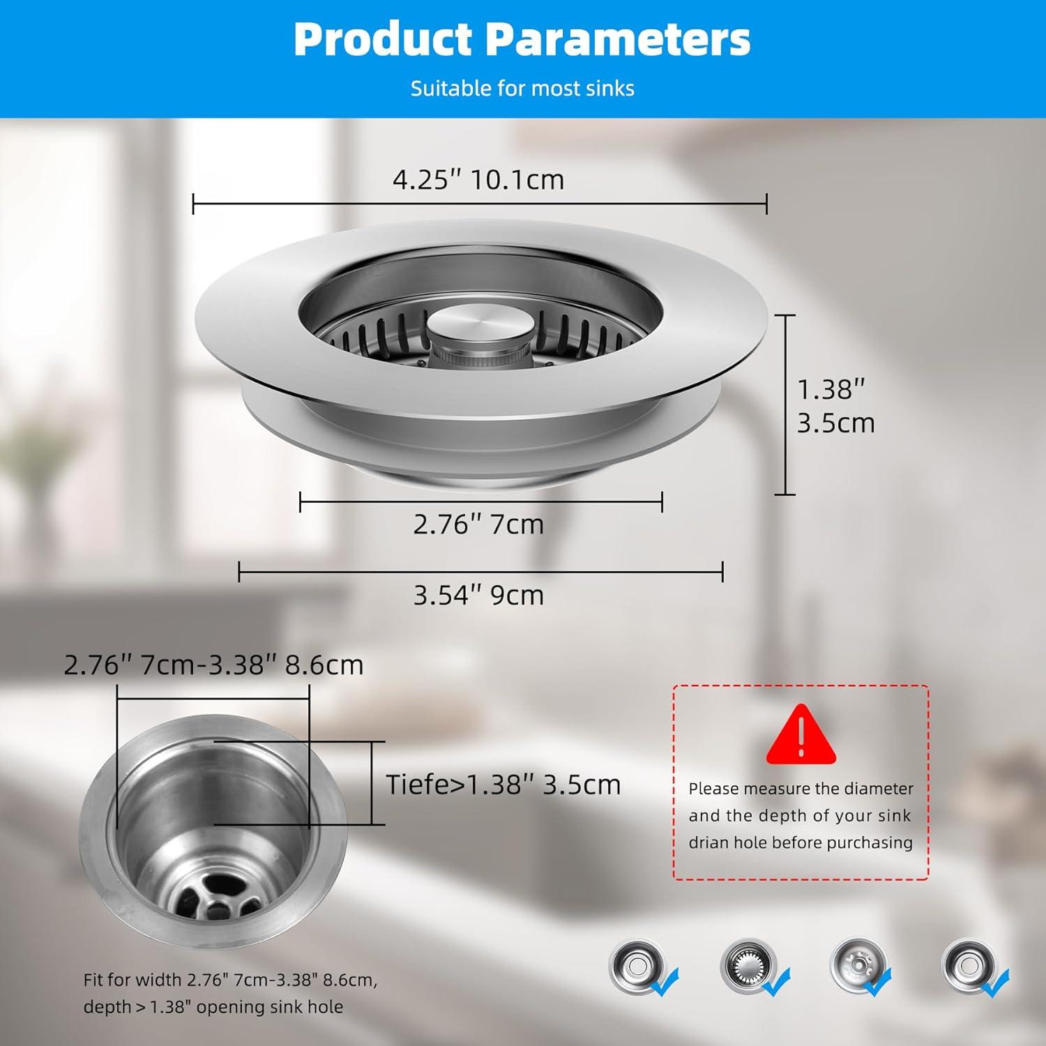 Hibbent 3-in-1 Kitchen Sink Drain Strainer  Stopper , Stainless Steel Pop-Up Design, Anti-Clogging Metal Basket with Handle, Compatible with US Standard 3-1/2" Drain