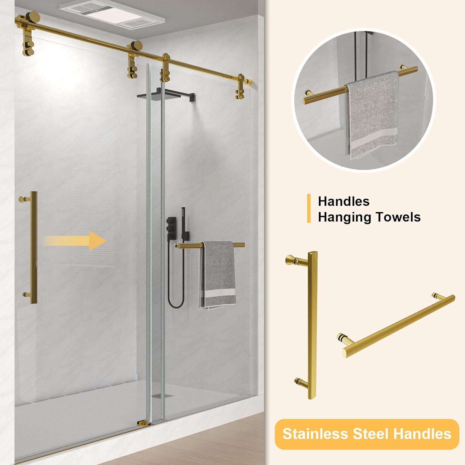 Gotland Frameless Shower Door 56-60" W × 76" H, Sliding Shower Doors with Stainless Steel Handle, Glass Shower Door with 5/16" Clear Tempered Glass