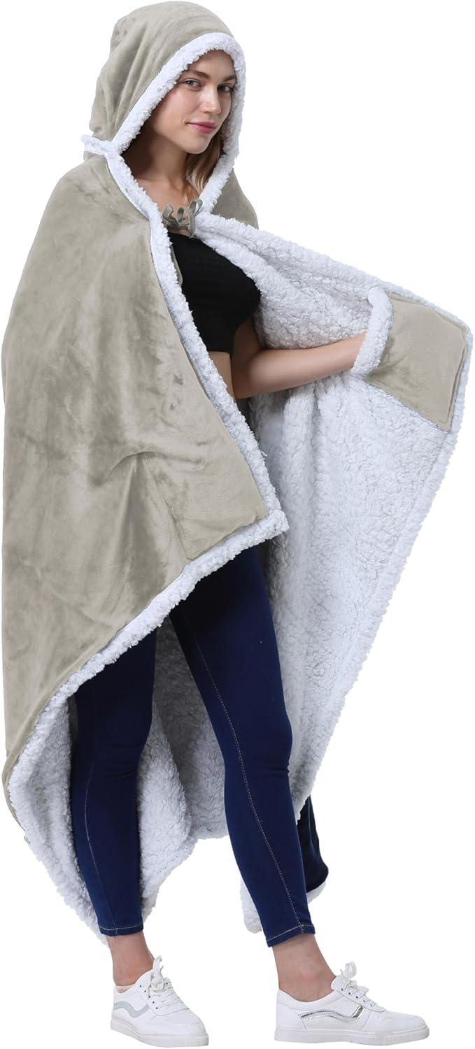 Catalonia Catalonia Sherpa Fleece Throw Cape, Wearable Blanket Wrap with Hand Pockets, Soft Lightweight Cozy