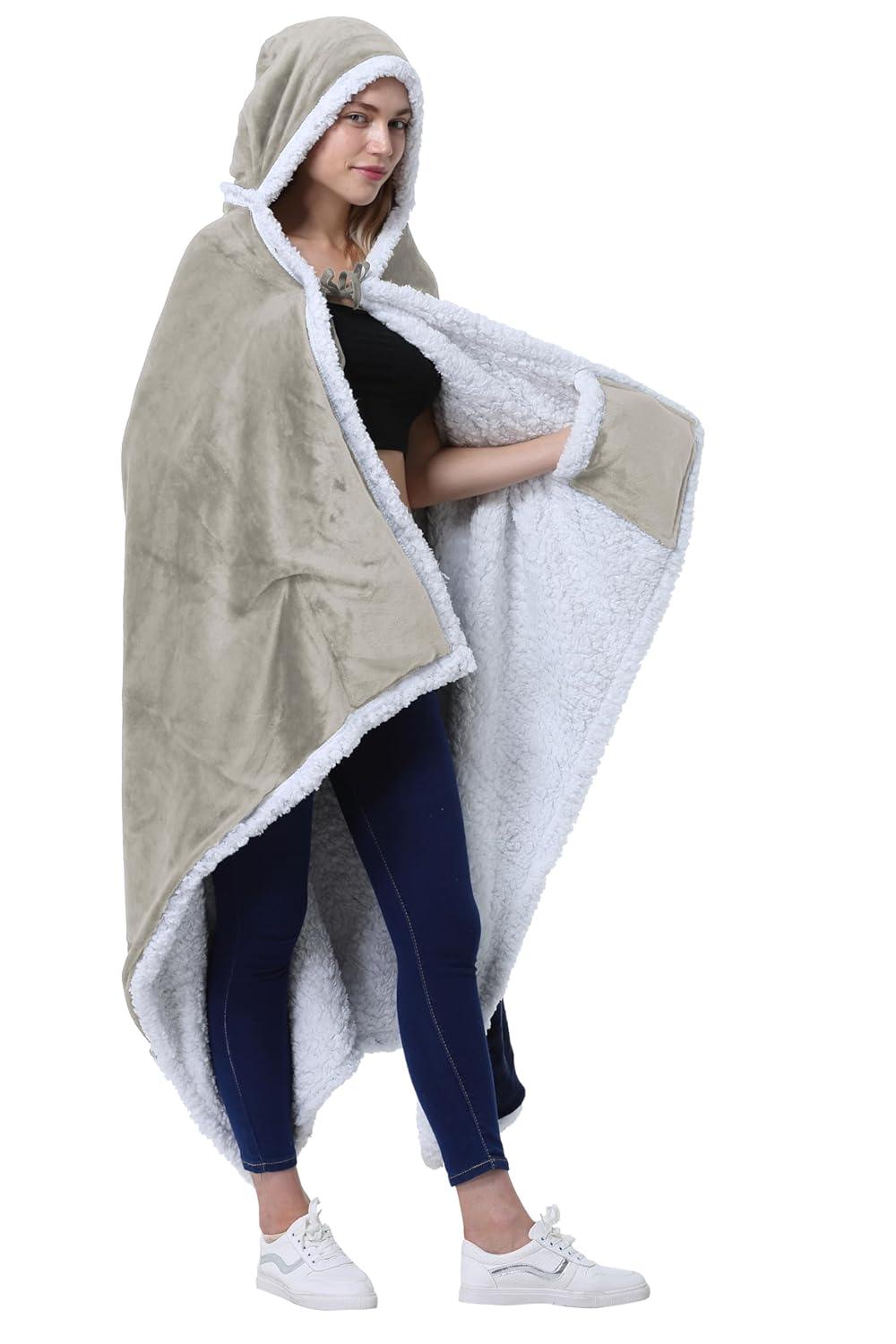 Catalonia Catalonia Sherpa Fleece Throw Cape, Wearable Blanket Wrap with Hand Pockets, Soft Lightweight Cozy