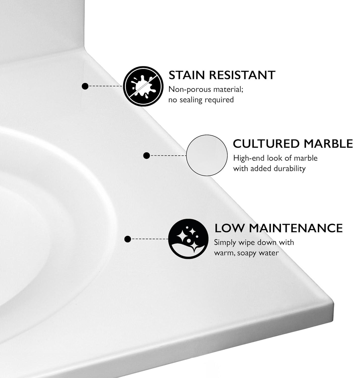 Cultured Marble Vanity Top – 31-Inch Single Bowl Sink Single-Hole with Integrated Backsplash – Reinforced Packaging – Solid White, Design House, 554592