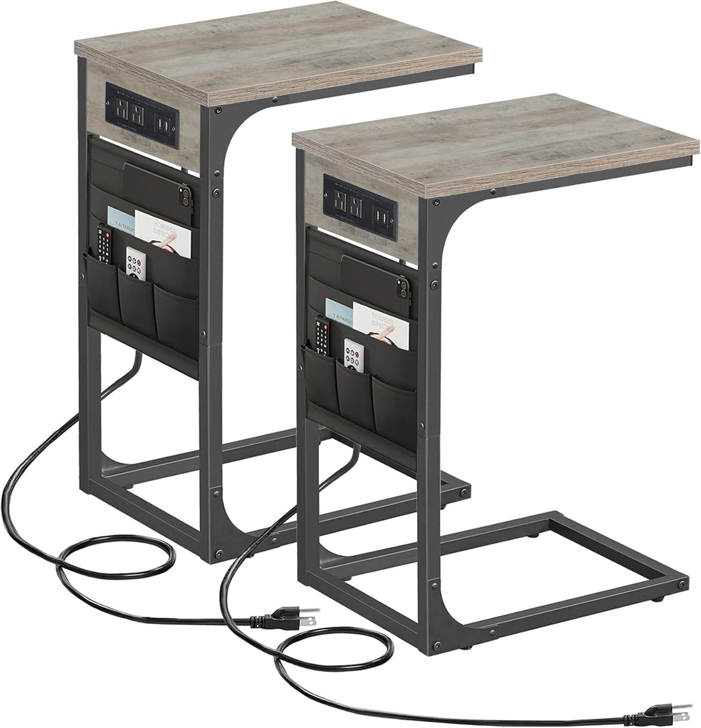 Set of 2 Gray Metal C-Shaped End Tables with Charging Station