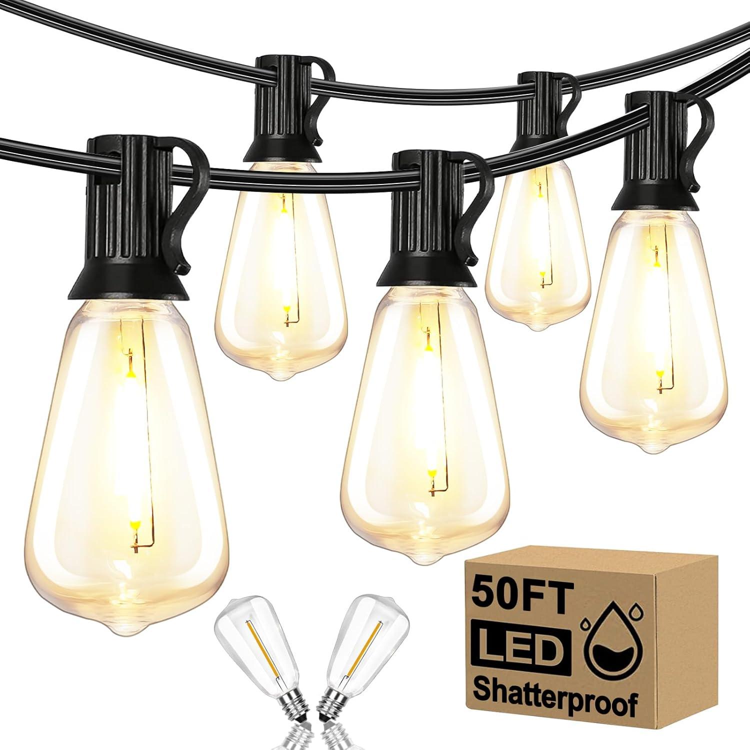 50FT Warm White LED Outdoor String Lights with Shatterproof Edison Bulbs